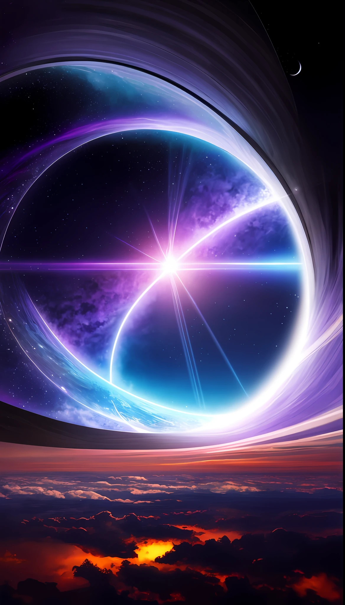 purple and blue sky，There is a large round hole in the middle, world seen only through a portal, portal to outer space, Magic portal in the sky, gateway to another universe, portal in space, heaven planet in background, gateway to another universe, majestic interstellar portal, portal to another world, interstellar infinity portal, heaven gate, looking off into space, gateway to another dimension