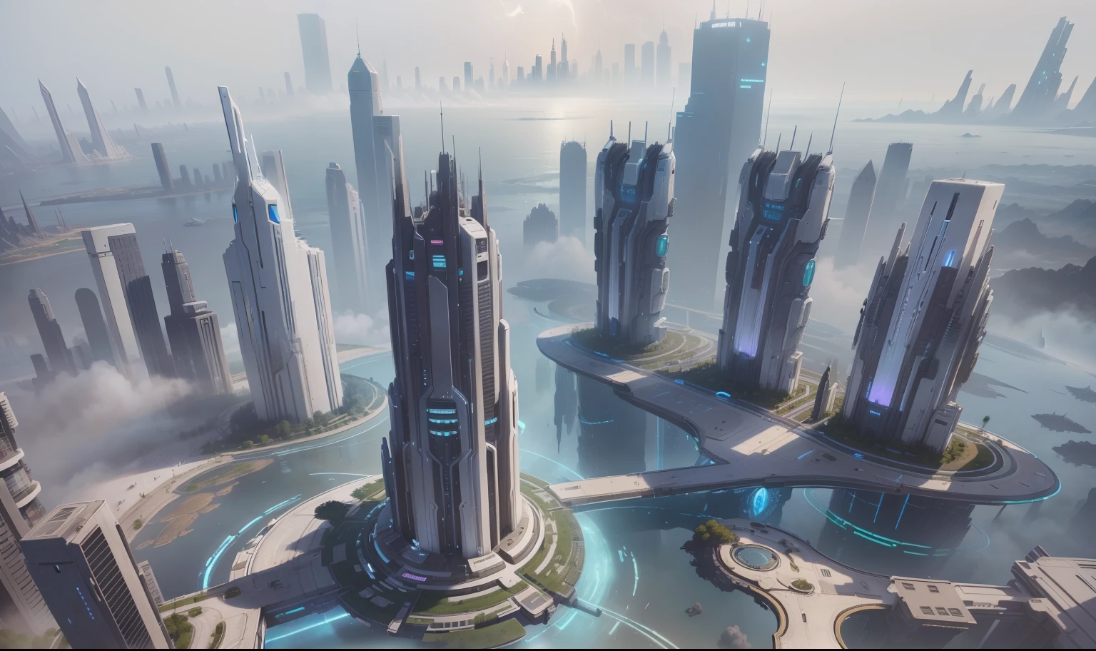 There is a picture of a futuristic city,A river runs through it, mass effect concept art, futuristic dystopian city, futuristic utopian metropolis, otherwordly futuristic city, ancient sci - fi city, hyper-futuristic city, in fantasy sci - fi city, sci fi city, stunning sci-fi concept art, sci fi city, futuristic utopian city,NASA style,Mecha white,Halo 5 game city style,Cidade futuristica,Skyscrapers and green roofs in a foggy sky,There are also quite a few buildings with green roofs, futuristic dystopian city, aerial view of a cyberpunk city, in fantasy sci - fi city, hyper-futuristic city, sci fi city, vista of futuristic city, sci fi city, otherwordly futuristic city, 4 K resolution concept art, ancient sci - fi city, 4K concept art,massive city,Dense complex of buildings,The building color is mainly white,Buildings have more white areas,The shape of the building is in the Halo 5 style,The architectural shape is concise and summarized,There are also many tall and simple buildings in the middle of the picture,The scene is daylight,There are no lights in the building