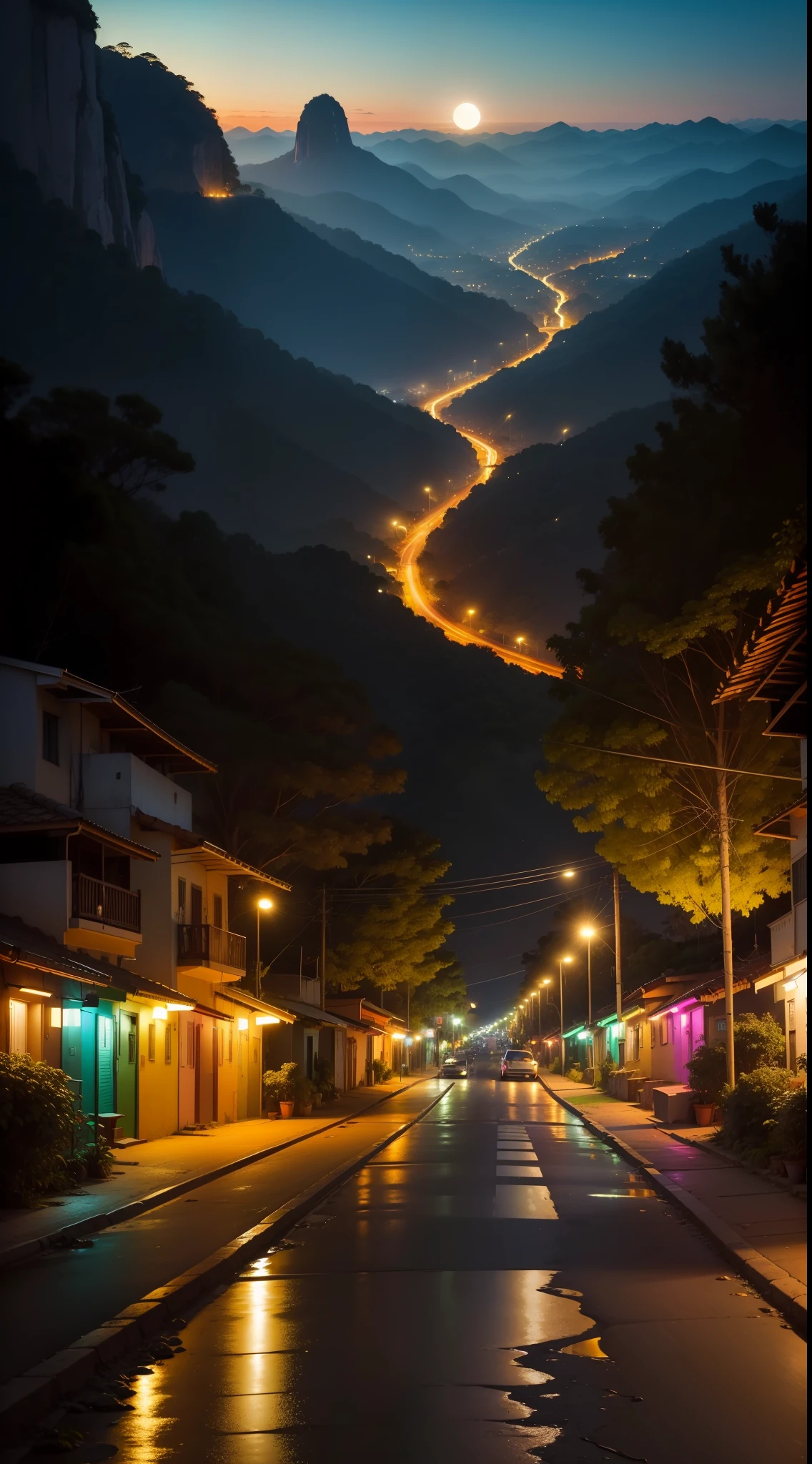 Paisagem noturna, rio, montanhas, nuvens, tree, foco nas cores tons de marrom branco preto amarelo, noite, paisagem noturna, It's night, lua cheia e linda, reflexo no rio