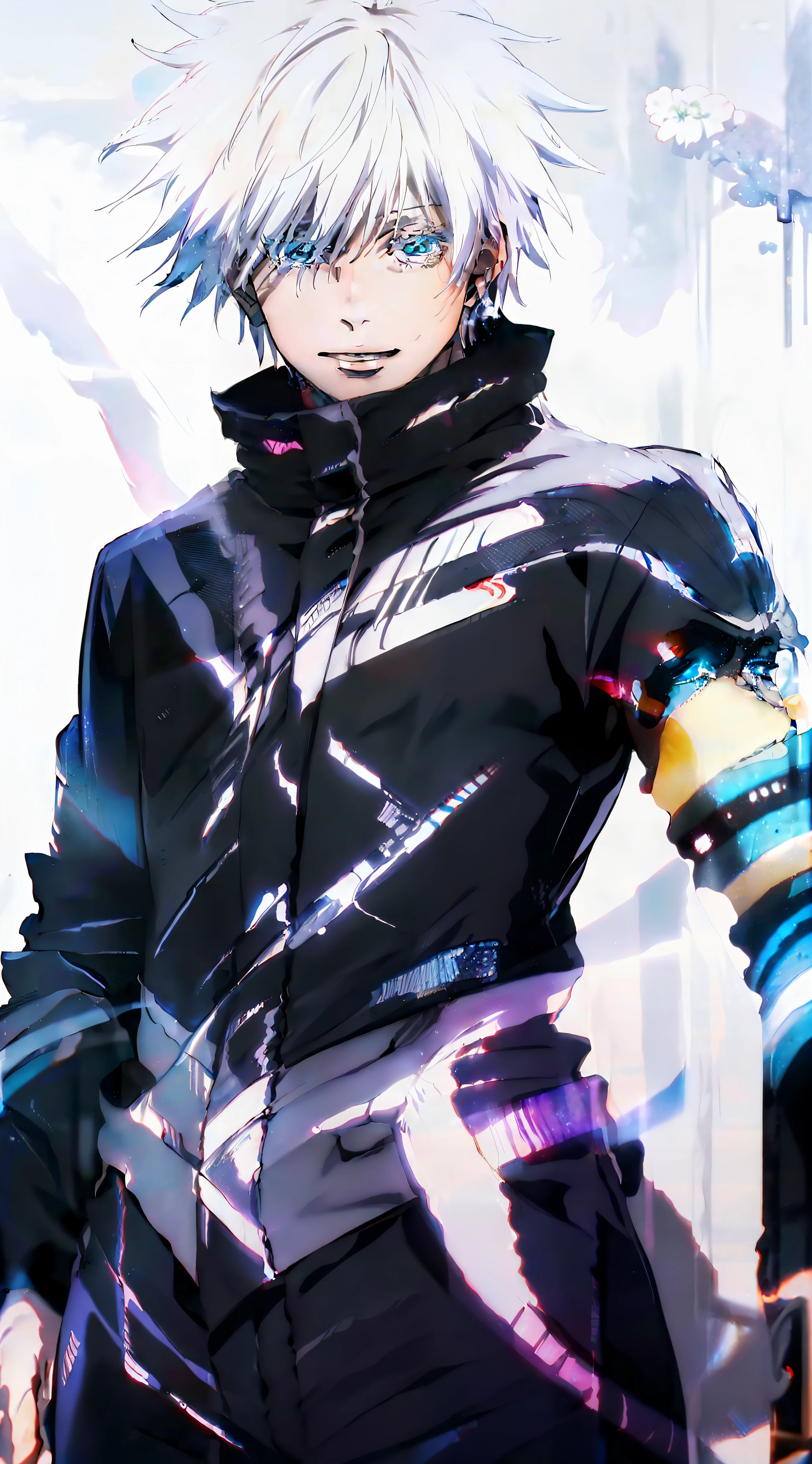 top-quality,Masterpiece,high-level image quality,8k,1 male,独奏,white hair,((Black clothes)),Light blue eyes,Detailed eye description,cowboy shot,full bodyesbian,Standing,Crazy smile,((White background,without background))