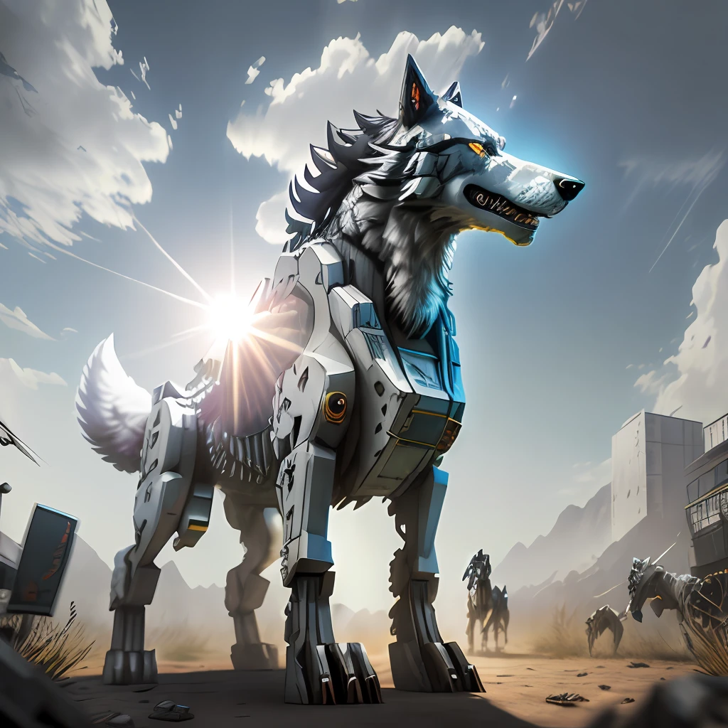 Mecha dogs,Ultra realistic - amazing sunlight,dynamic compositions,photography of,Sharp focus,professional photoshooting,mecha animal, zoids art,3 d render official art,Giant mech wolfhound,Q version,Head mech,style of anime