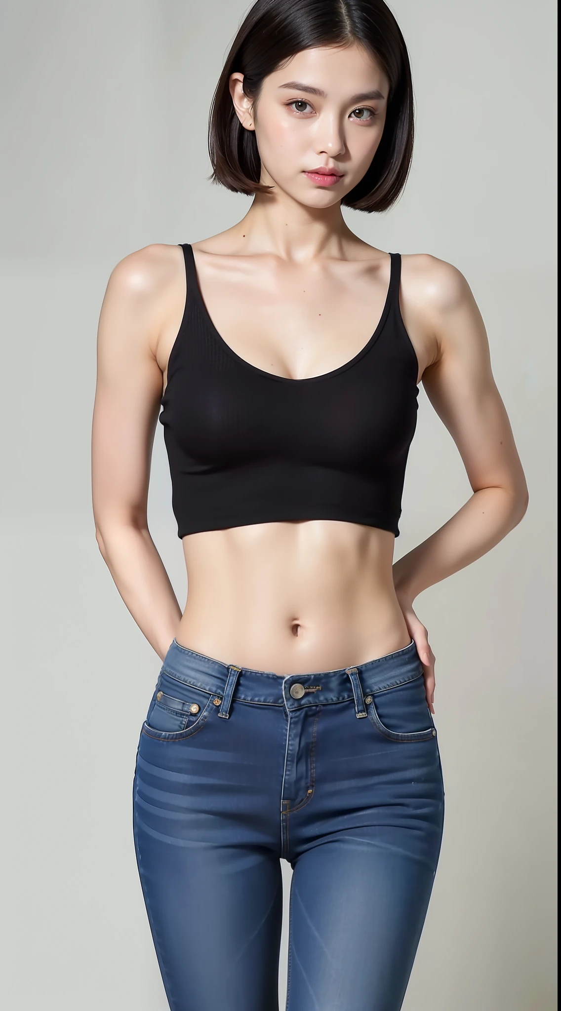 A stunning beauty,the super hot and sexy,Wear low-cut tights,(skintight jeans), (White crop top top:1.5),Short black hair, photorealestic, photography of, (8K high resolution), (realisticlying:1.4), (very intricate), (exquisitedetails), highly detailed, Extremely detailed 8k wallpaper, best qualtiy, 详细的脸, ultra - detailed, RAW photogr, realisticlying, (thigh gap:1.5)