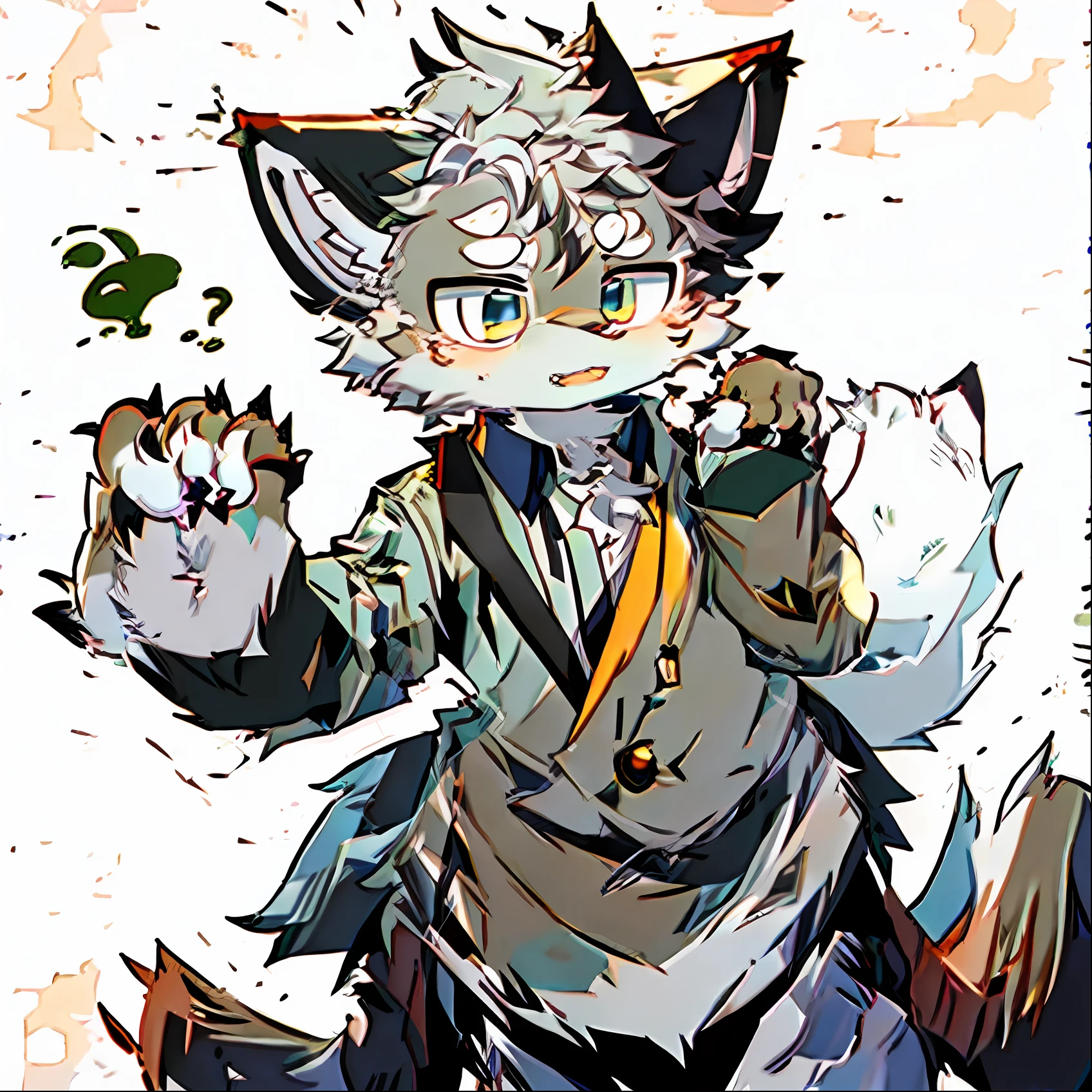 Cartoon cat with question mark on his face, fursona!!!!, Fluffy!!!, fursona art, furry fursona, very fluffy, Furry art!!!, anime cat, holding paws, wolf fursona, fat chibi grey cat, ear floof, lineless, professional furry drawing, furaffinity fursona, fursona furry art commission, fursona commission