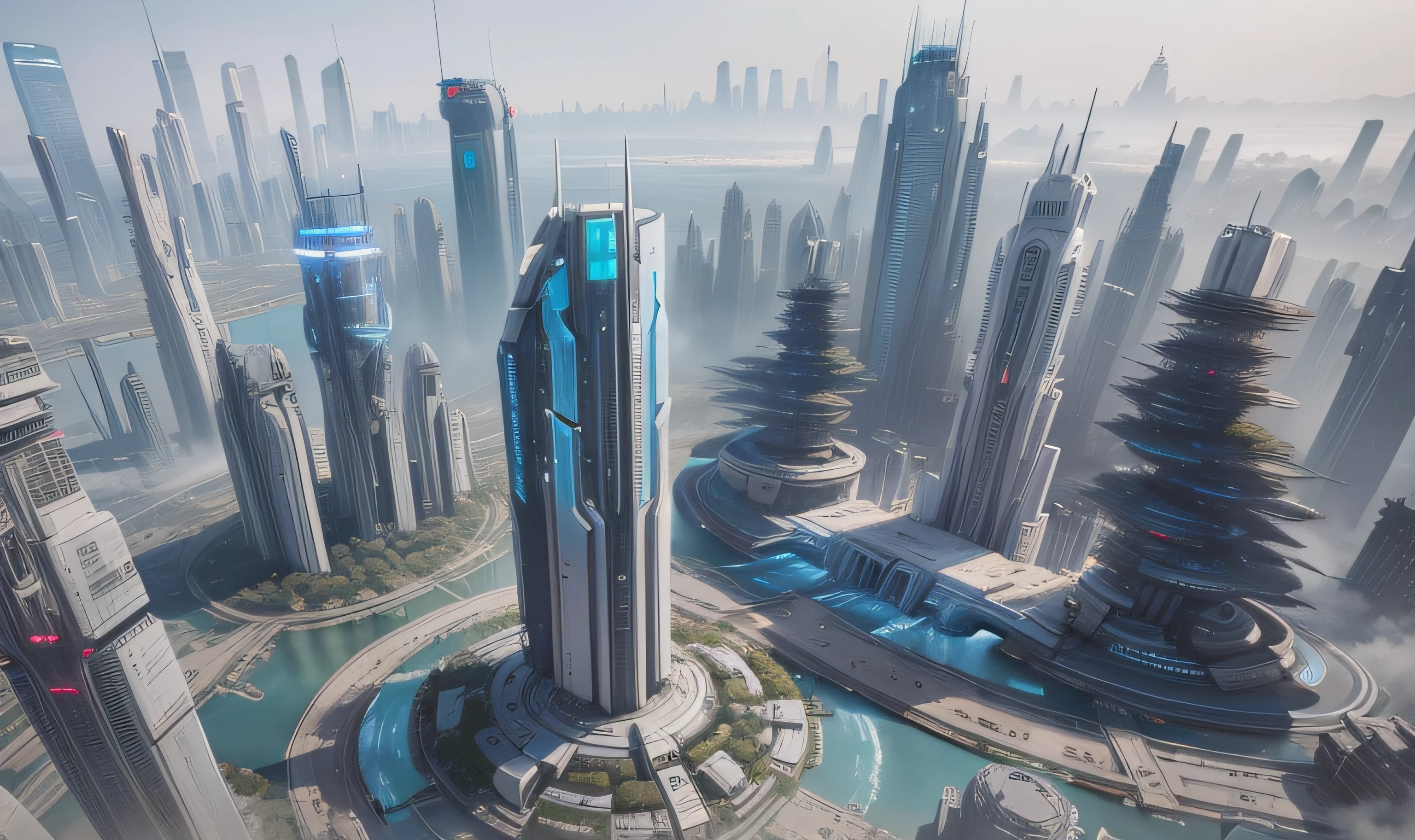 There is a picture of a futuristic city，A river runs through it, mass effect concept art, futuristic dystopian city, futuristic utopian metropolis, otherwordly futuristic city, ancient sci - fi city, hyper-futuristic city, in fantasy sci - fi city, sci fi city, stunning sci-fi concept art, sci fi city, futuristic utopian city，NASA style，Mecha white，Halo 5 game city style，Cidade futuristica，Skyscrapers and green roofs in a foggy sky,There are also quite a few buildings with green roofs， futuristic dystopian city, aerial view of a cyberpunk city, in fantasy sci - fi city, hyper-futuristic city, sci fi city, vista of futuristic city, sci fi city, otherwordly futuristic city, 4 K resolution concept art, ancient sci - fi city, 4K concept art，massive city，Dense complex of buildings，The building color is mainly white，Buildings have more white areas，The shape of the building is in the Halo 5 style，The architectural shape is concise and summarized，There are also many tall and simple buildings in the middle of the picture，The scene is daylight，There are no lights in the building
