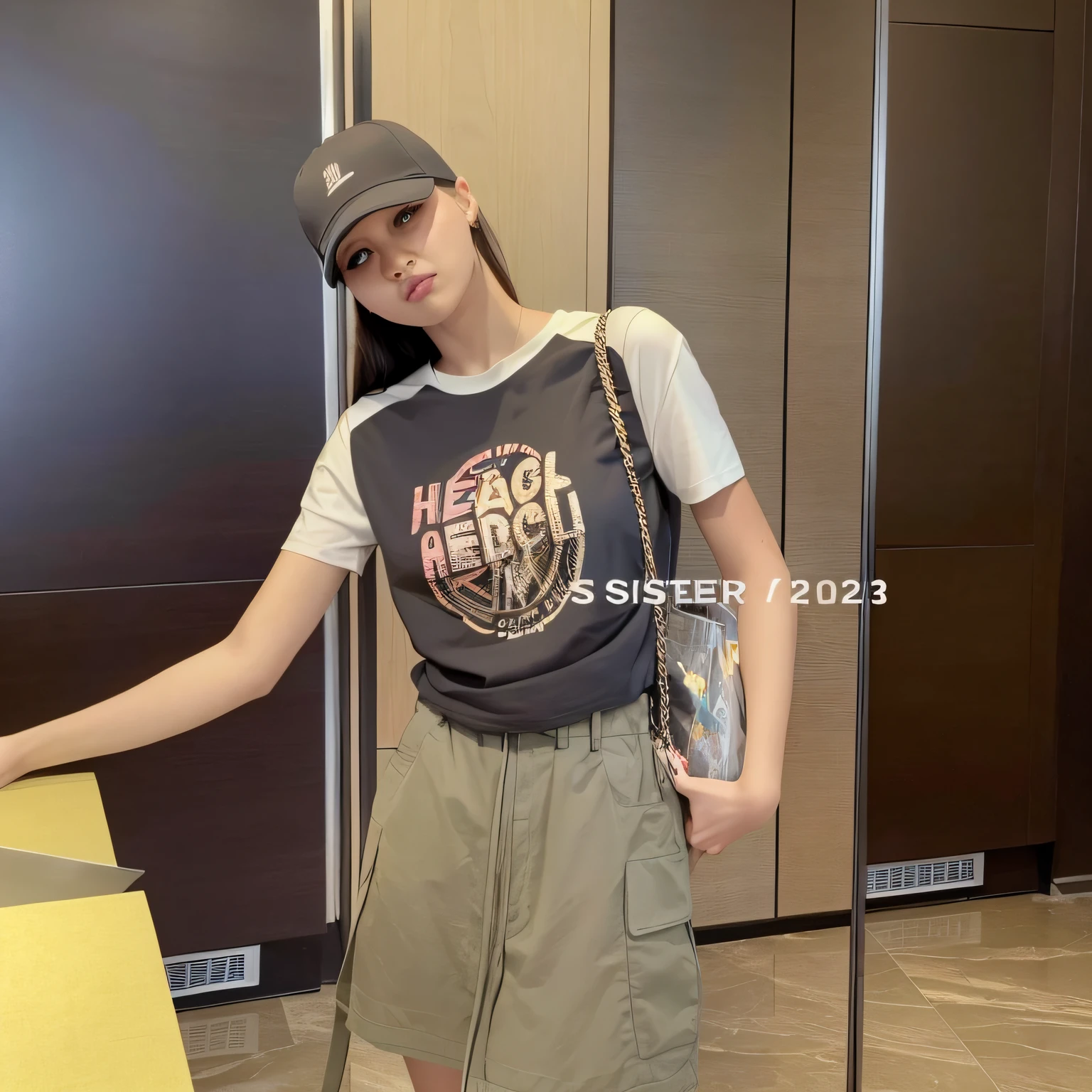 There was a woman standing in the room carrying a bag, High quality material BSSRDF, 2 0 2 0 fashion, 2022, 2 0 2 2, 2 0 2 1, 2021, ssense, Cute casual streetwear, taken in 2 0 2 0, Short sleeves, 2023, 2 0 2 3