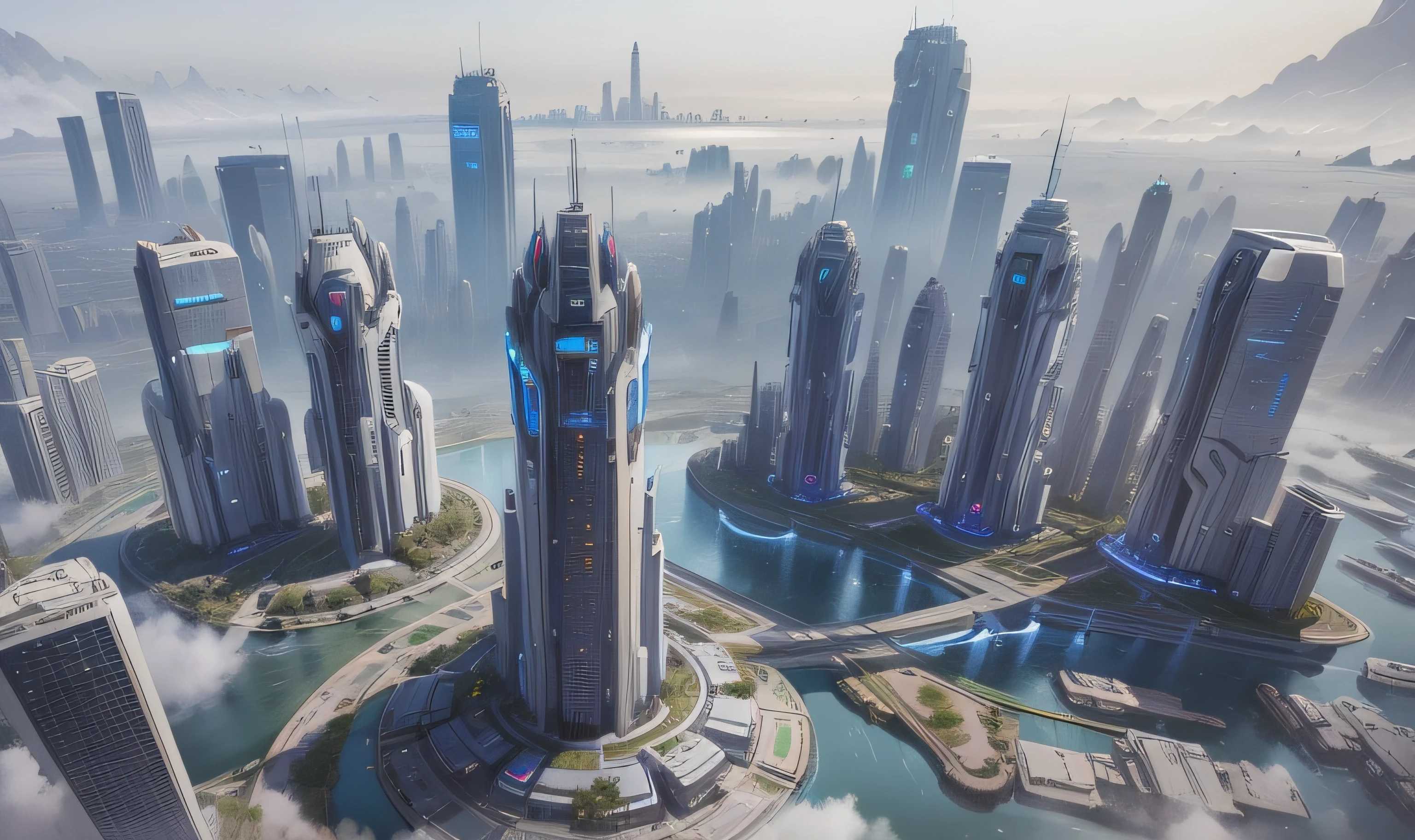 There is a picture of a futuristic city,A river runs through it, mass effect concept art, futuristic dystopian city, futuristic utopian metropolis, otherwordly futuristic city, ancient sci - fi city, hyper-futuristic city, in fantasy sci - fi city, sci fi city, stunning sci-fi concept art, sci fi city, futuristic utopian city,NASA style,Mecha white,Halo 5 game city style,Cidade futuristica,Skyscrapers and green roofs in a foggy sky,There are also quite a few buildings with green roofs, futuristic dystopian city, aerial view of a cyberpunk city, in fantasy sci - fi city, hyper-futuristic city, sci fi city, vista of futuristic city, sci fi city, otherwordly futuristic city, 4 K resolution concept art, ancient sci - fi city, 4K concept art,massive city,Dense complex of buildings,The building color is mainly white,Buildings have more white areas,The shape of the building is in the Halo 5 style,The architectural shape is concise and summarized,There are also many tall and simple buildings in the middle of the picture,The scene is daylight,There are no lights in the building