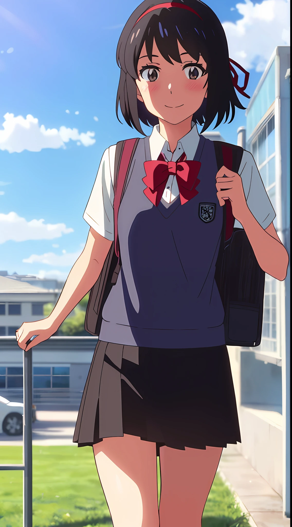shinkai makoto, kimi no na wa., 1girl, bangs, black hair, blush, brown eyes, sky, cloud, collared shirt, looking at the viewer, outdoors, red headband, red ribbon, red bow, school uniform, short hair, smile, solo, white shirt, black sweater vest, black vest, black skirt, short sleeves, school backpack
