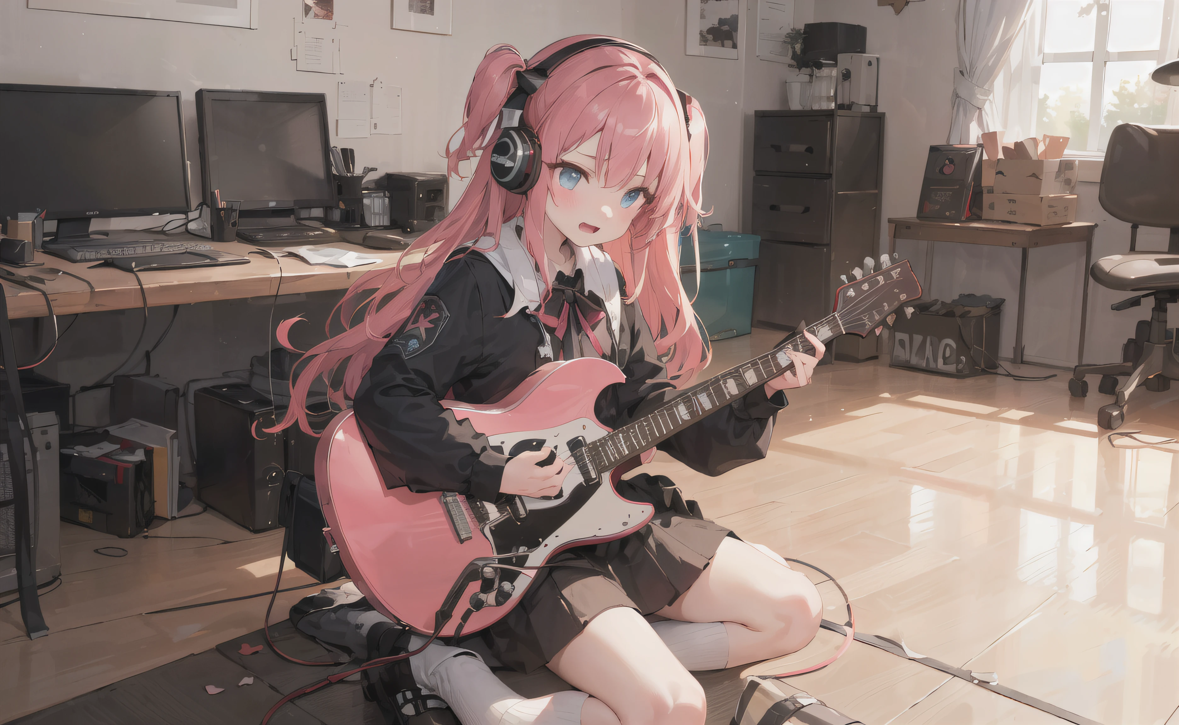 ((masterpiece,best quality))1girl, solo, black skirt, blue eyes, electric guitar, guitar, headphones, holding, holding plectrum, instrument, long hair, , music, one side up, pink hair, playing guiter, pleated skirt, black shirt, indoors
