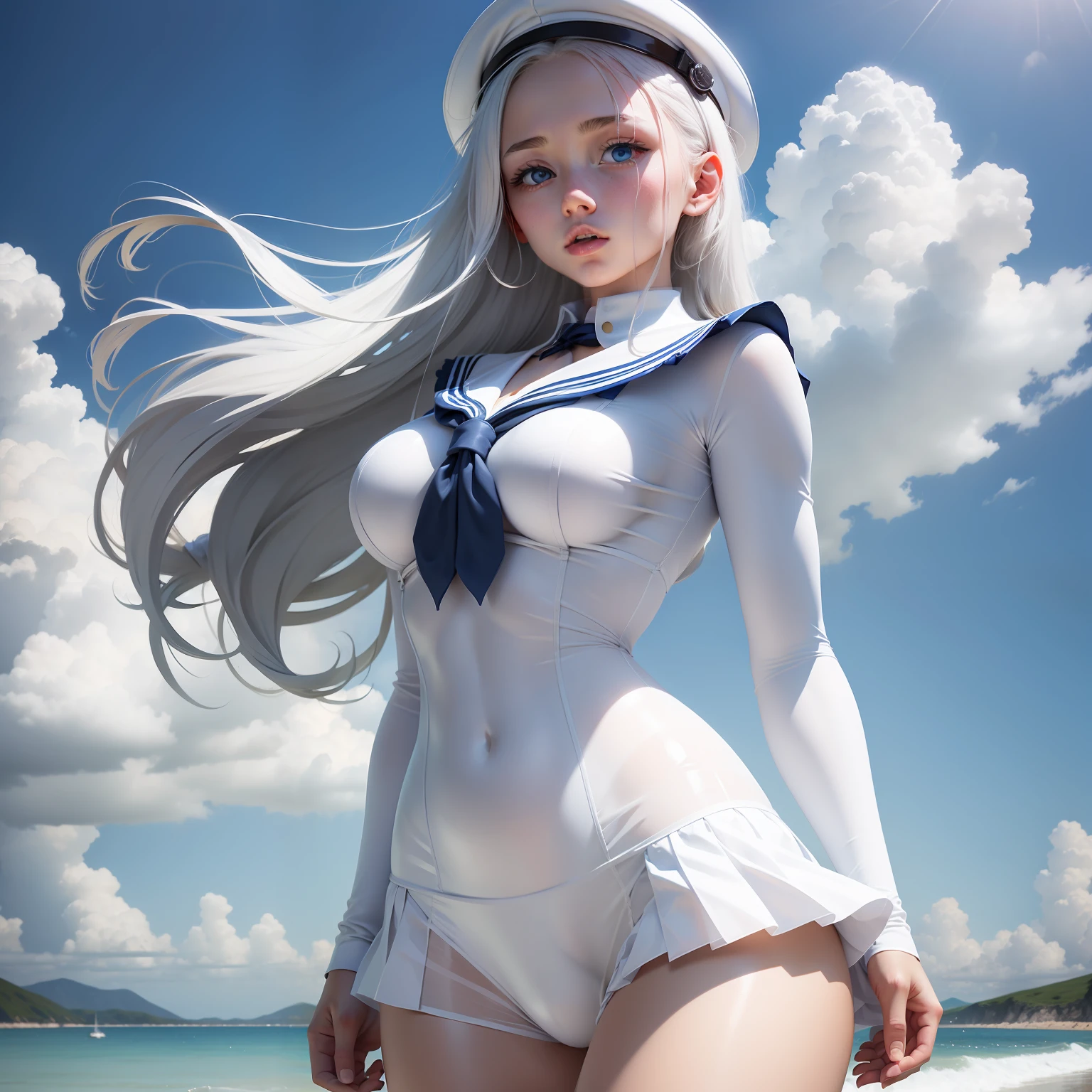 schoolgirls，perfect body figure，white skinned，Light blue translucent sailor suit，full bodyesbian，