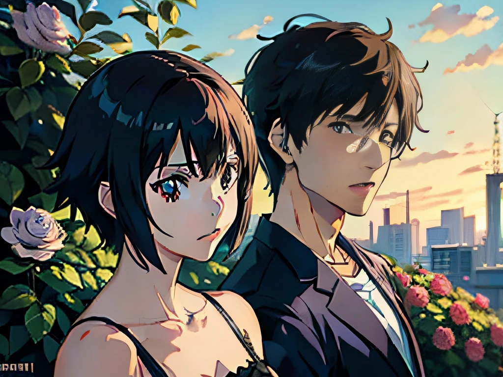 Anime couple,In the background is a rose bush, ,Makoto Shinkai's anime-style portrait, adolable, style of anime4 K, Stunning anime face portrait, Makoto Shinkai and Artgerm, Kawaii realistic portrait, Digital anime illustration, Guviz, anime styled digital art
