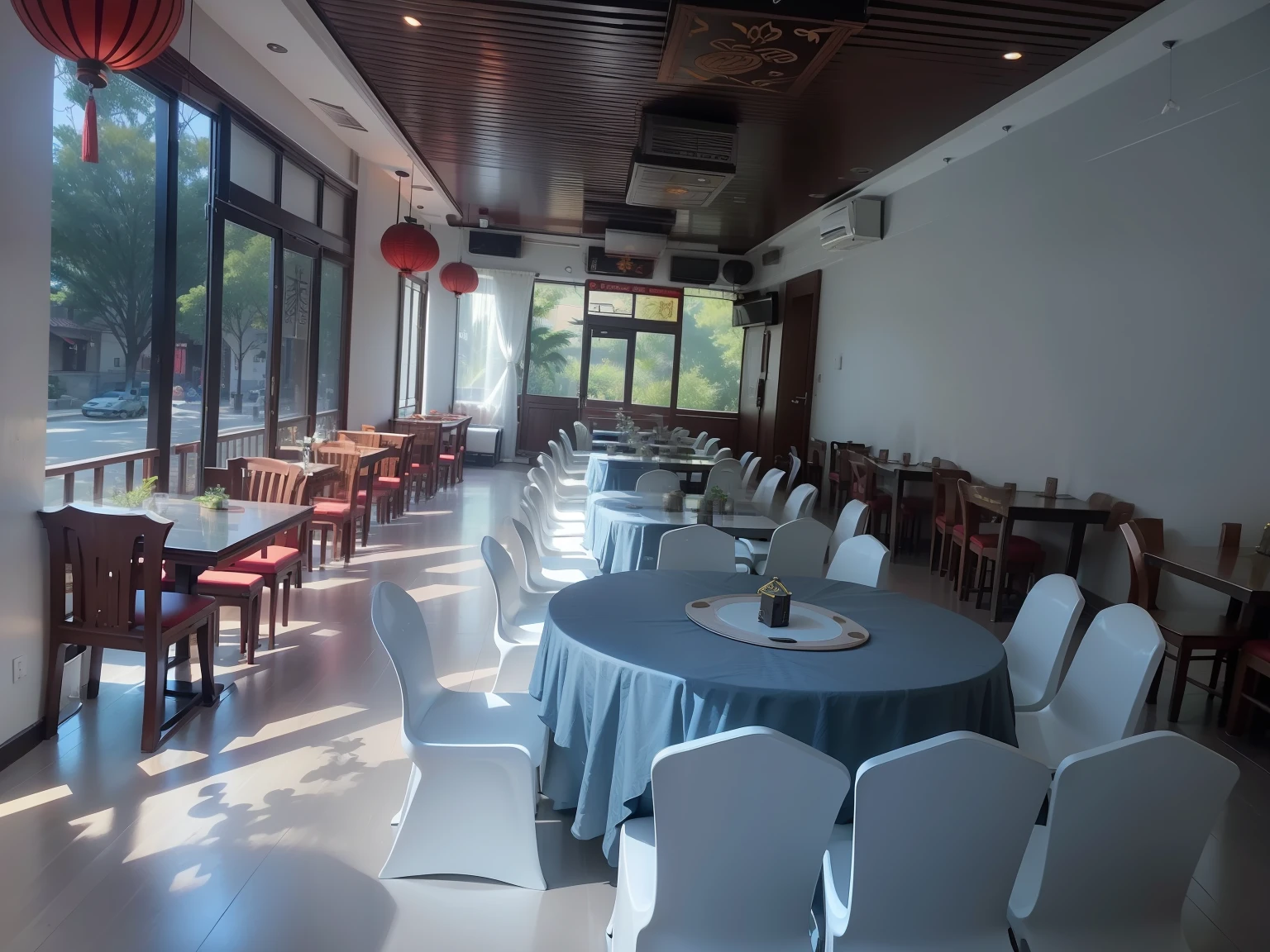 The entire layout is replaced,The layout was changed to Henan specialty restaurant,Henan characteristic hanging ornaments of shadow puppets are added to the white wall,
