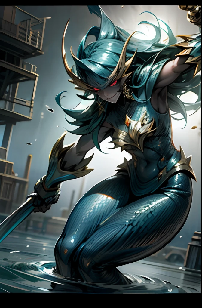 Mermaid warrior emerging from the depths, fierce and determined.