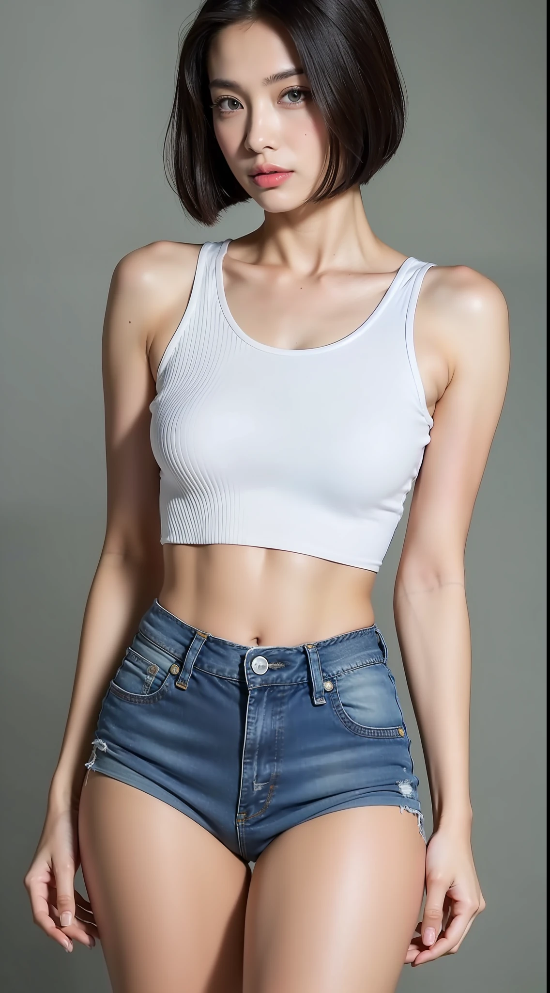 A stunning beauty,the super hot and sexy,Wear low-cut tights,(skintight jeans), (White crop top top:1.5),Short black hair, photorealestic, photography of, (8K high resolution), (realisticlying:1.4), (very intricate), (exquisitedetails), highly detailed, Extremely detailed 8k wallpaper, best qualtiy, 详细的脸, ultra - detailed, RAW photogr, realisticlying, (thigh gap:1.5)
