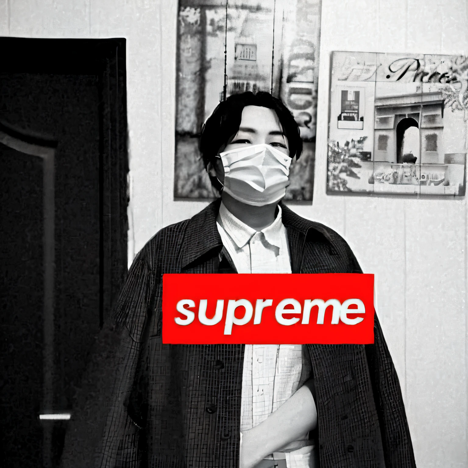 Arafad image of a man with a mask on his face, supreme, hypebeast, trending on r/Street attire, Super beautiful, identical, She is seen wearing streetwear pieces, Myself, alternate album cover, Kim Tae-joon, author：Zhang Shengqi, Ultra-rare trends, 🚀🌈🤩, smooth in _ Background with, aesthetic shot