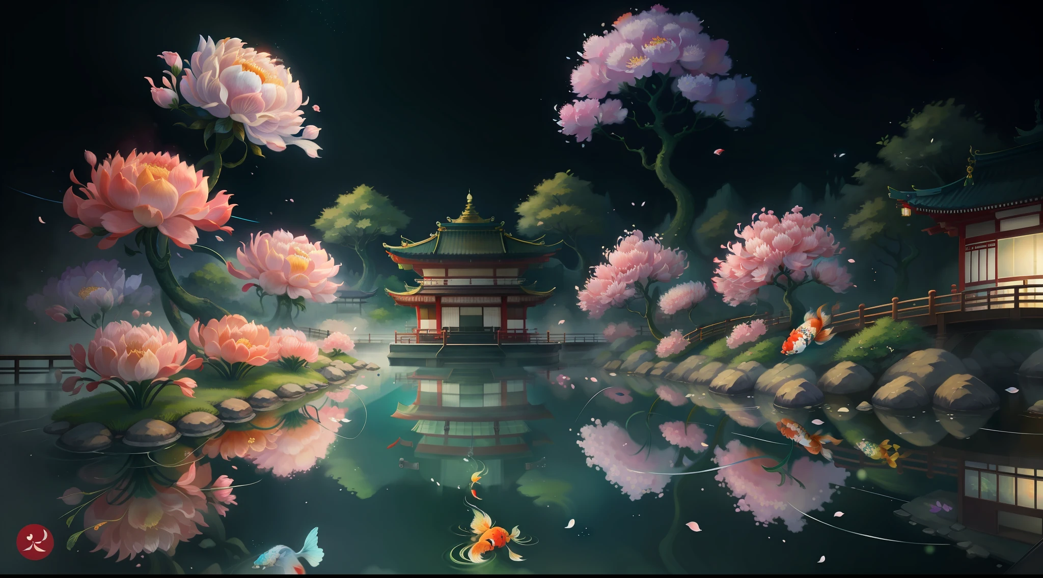 （digitial painting），（best qualtiy），Peaceful landscaped garden，flowers in full bloom，Koi pond，Pedestrian bridges，pagoda，Ukiyo-e art style，8K hyper-realism，Pastel color scheme，gentle illumination, in the early morning， peacefulatmosphere, Transverse