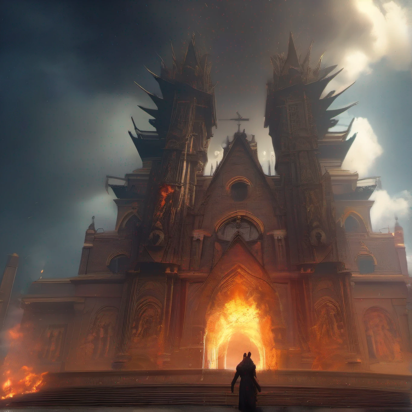 RAW wideangle photography, landscape, (He out-flew (Millions of flaming swords:1.3) drawn from the thighs Of (((mighty Cherubim:1.3))) ((((the sudden (blaze) Far round ((illuminated hell)))))) highly they (raged) Against the Highest and ((fierce)) (((with grasped Arms Clashed on their sounding Shields the din of (war)))) (((Hurling (defiance) toward the Vault of Heaven)))), epic, ominous, highly detailed, intricate environment, digital matte painting, outdoor, panoramic view, concept art, mystery, sharp focus, illustration, art by artgerm and greg rutkowski and magali villeneuve and alphonse mucha and rossdraws and wlop and craig mullins and James Jean and Andrei Riabovitchev and Marc Simonetti and peter mohrbacher, light by John Salminen, 4k uhd image, octane render, awesome, 8k, award winning art, cinematic lighting, high detail, intricate, ethereal, magical, otherworldly, dark fantasy, hyperrealistic, dreamlike, inky, old age, hypermaximalist, (decay:1.3), (grit:1.3), (neglect:1.3), to8contrast style RFKTR_sinetempore