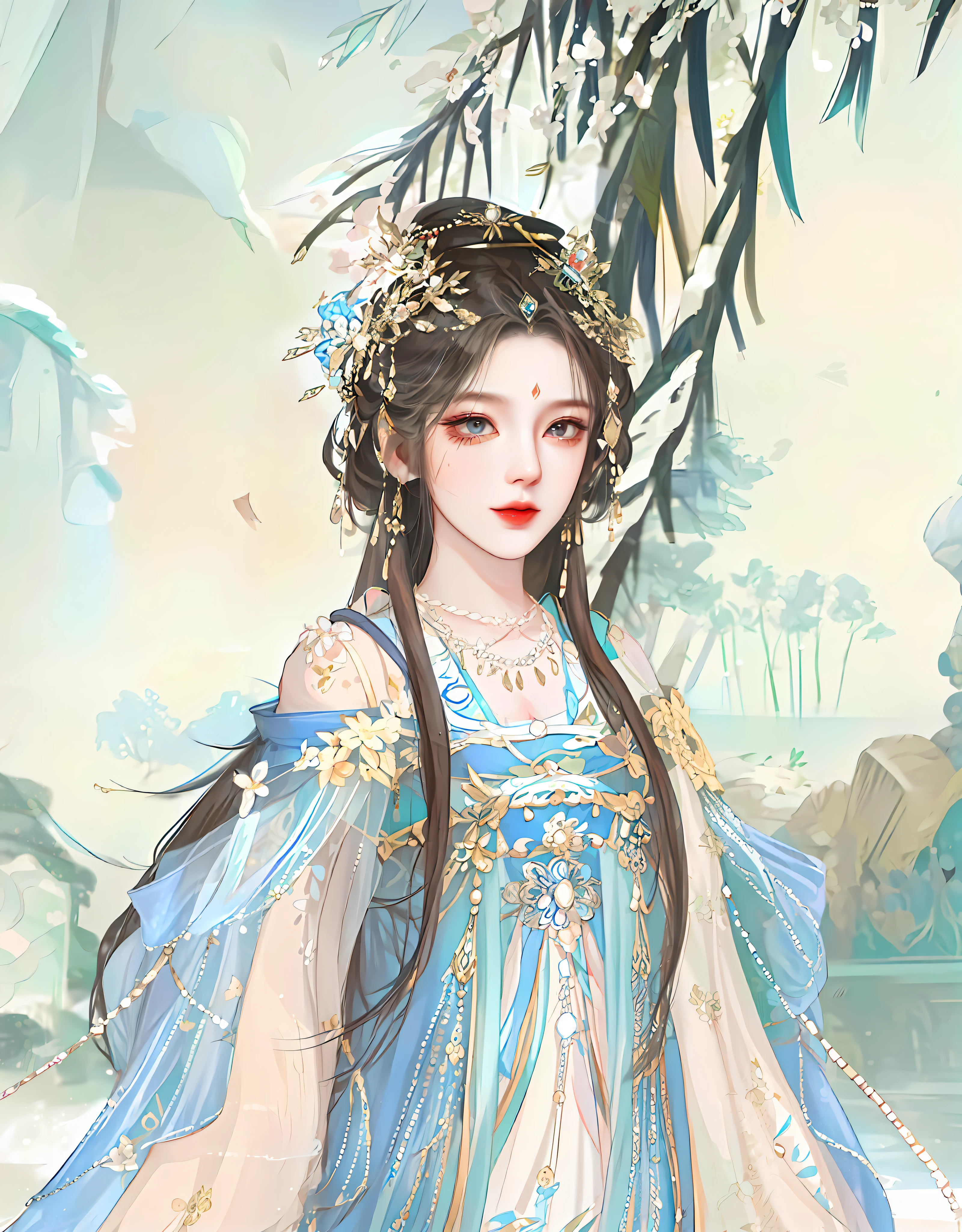 There is one wearing a blue dress,Woman with a crown on her head, a beautiful fantasy empress, ((a beautiful fantasy empress)), Palace , A girl in Hanfu, Inspired by Lan Ying, Beautiful character painting, Inspired by Qiu Ying, Inspired by Huang Ji, inspired by Du Qiong, G Liulian art style, A beautiful artwork illustration