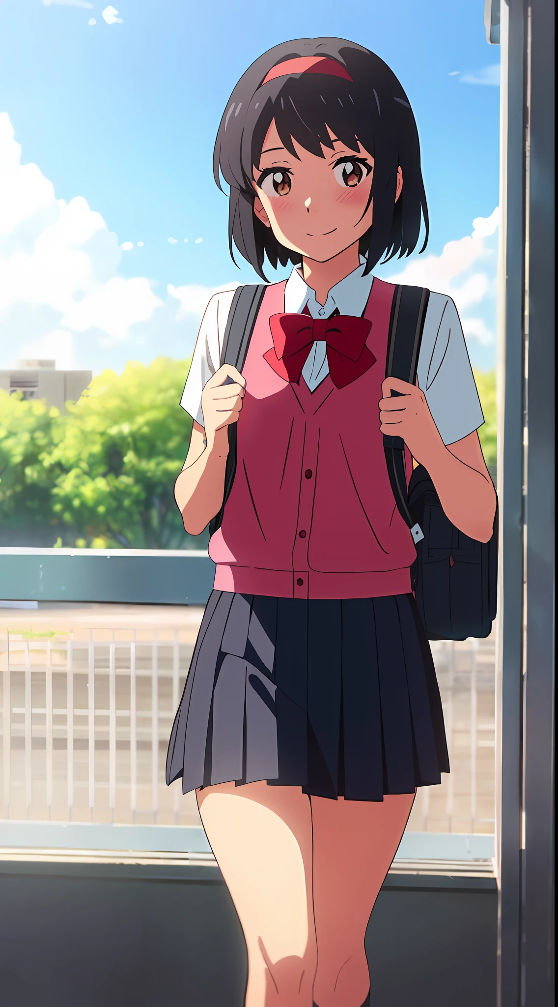 shinkai makoto, kimi no na wa., 1girl, bangs, black hair, blush, brown eyes, sky, cloud, collared shirt, looking at the viewer, outdoors, red headband, red ribbon, red bow, school, school uniform, short hair, smile, solo, white shirt, skirt, school backpack