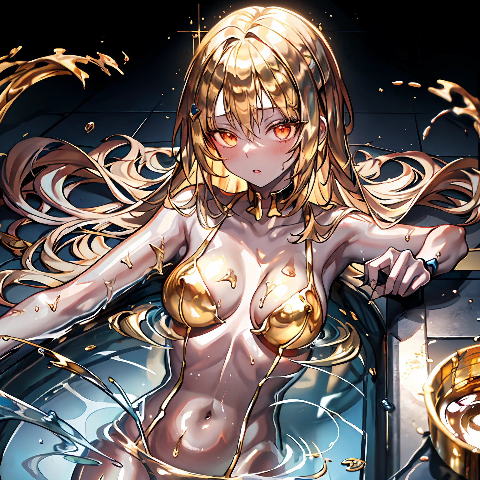 molten gold,1girl,shiny skin,goldpowder,Metalheart,liquid metal girl,LiquidHair,swimming,long hair