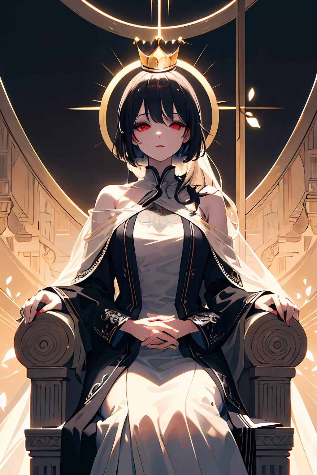 (Masterpiece:1.2), best quality, (illustration:1.2), (ultra-detailed), hyper details, (delicate detailed), (intricate details), (cinematic light, best quality Backlights), clear line, from below, solo female, perfect body, (1girl), black hair, red eyes, (emperor, black see-through clothes),(crown:1.1), sitting on Throne, looking downward, turn head, ((makeup)), high contrast, (best illumination, an extremely delicate and beautiful), ((cinematic light)), colorful,