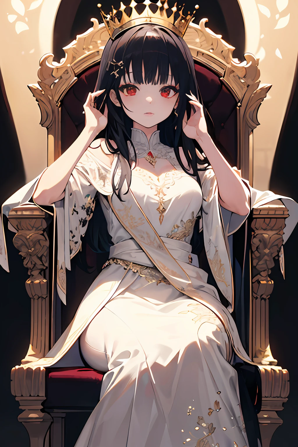 (Masterpiece:1.2), best quality, (illustration:1.2), (ultra-detailed), hyper details, (delicate detailed), (intricate details), (cinematic light, best quality Backlights), clear line, from below, solo female, perfect body, (1girl), black hair, red eyes, (emperor, black see-through clothes),(crown:1.1), sitting on Throne, looking downward, turn head, ((makeup)), high contrast, (best illumination, an extremely delicate and beautiful), ((cinematic light)), colorful,