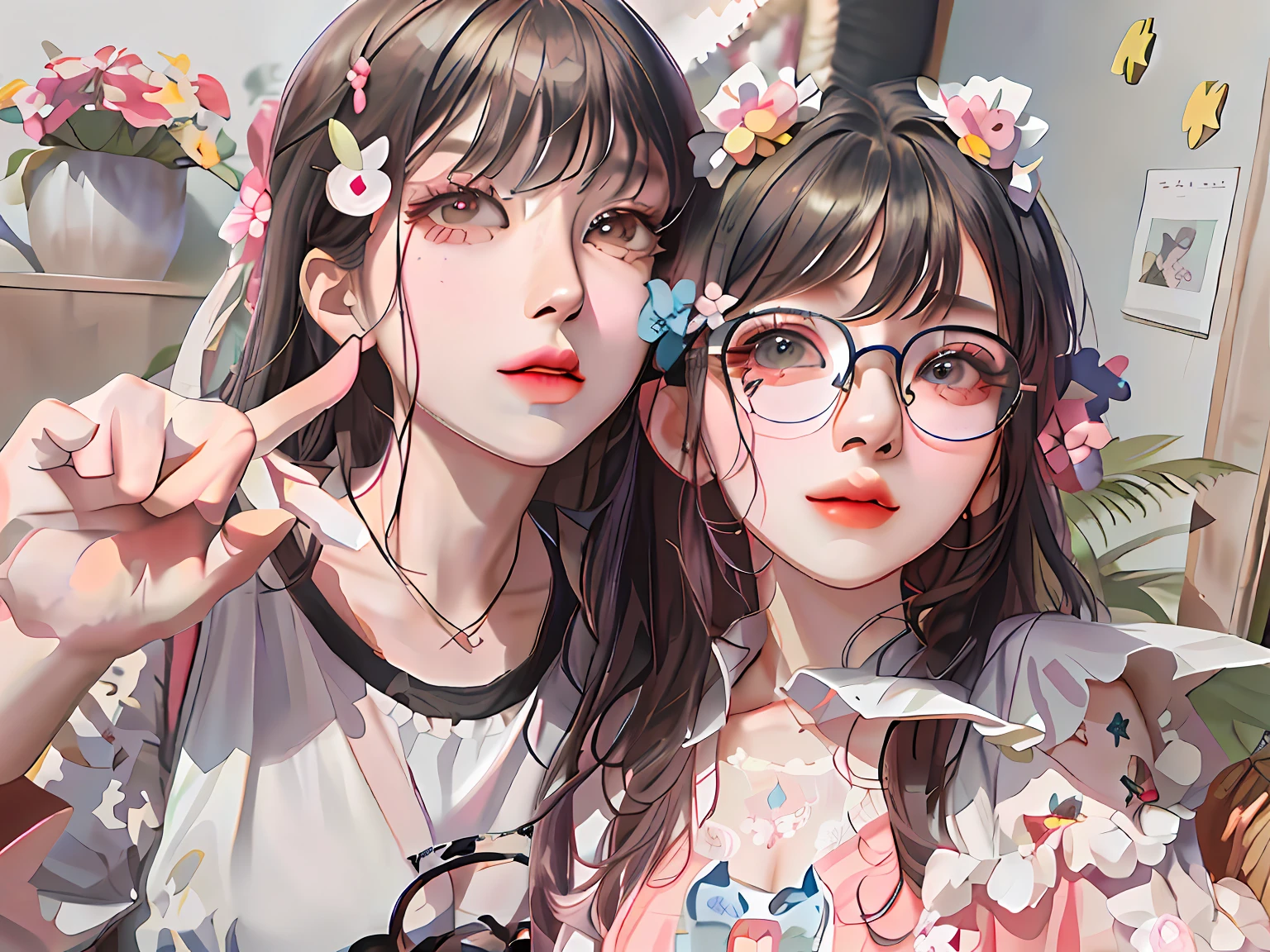 They are two girls posing for photos wearing glasses, Guviz-style artwork, Guviz, WLOP and Sakimichan, Kawaii realistic portrait, Guweiz in Pixiv ArtStation, Guweiz on ArtStation Pixiv, Detailed digital anime art, two beautiful anime girls, Kawasi, style of anime4 K