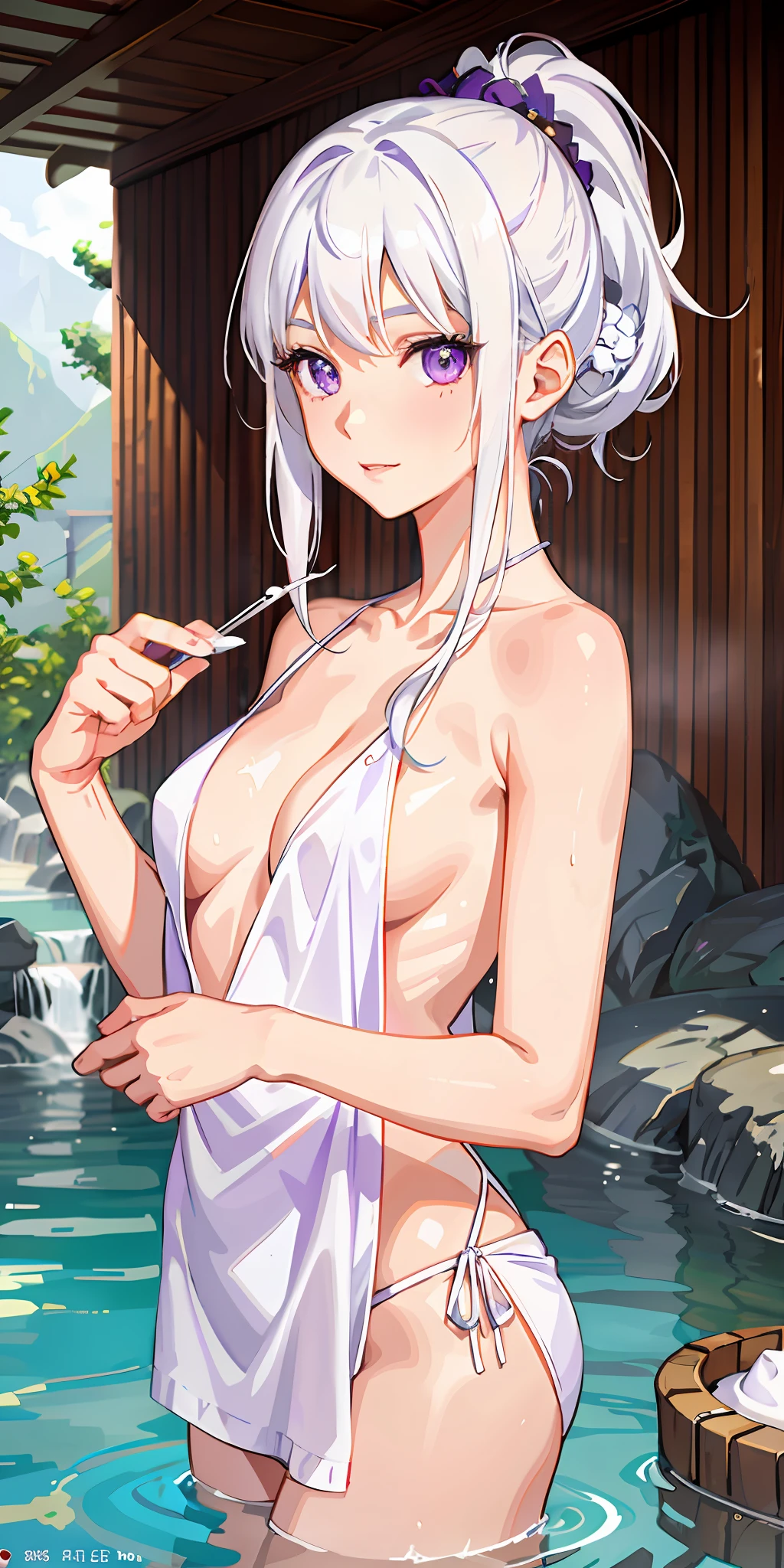 1girl, white hair, purple eyes, portrait, realistic, towel, (onsen), sidelighting, wallpaper, nsfw,