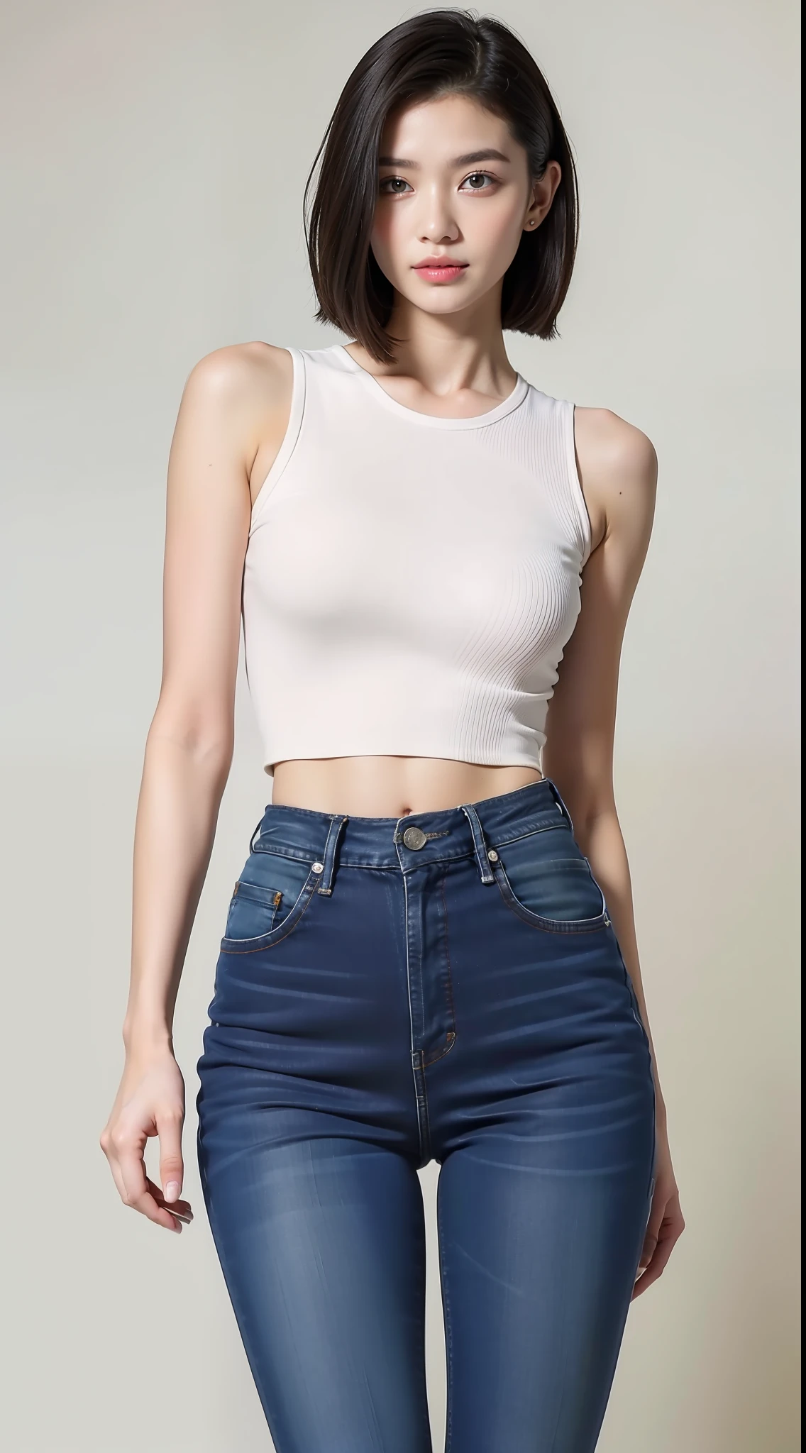 A stunning beauty,the super hot and sexy,Wear low-cut tights,(skintight jeans), (White crop top top:1.5),Short black hair, photorealestic, photography of, (8K high resolution), (realisticlying:1.4), (very intricate), (exquisitedetails), highly detailed, Extremely detailed 8k wallpaper, best qualtiy, 详细的脸, ultra - detailed, RAW photogr, realisticlying, (thigh gap:1.5)
