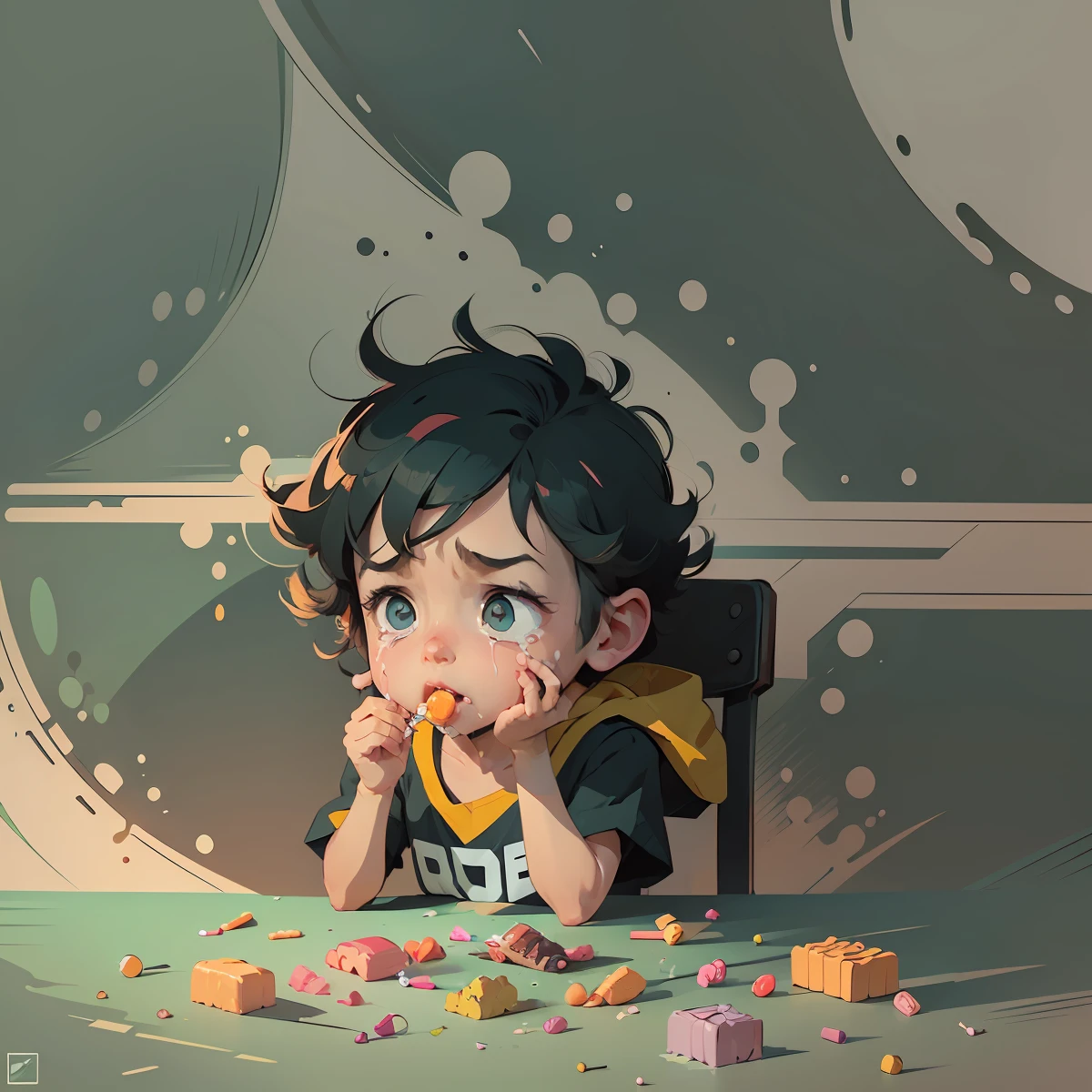 a kid is eatting candy, he is slightly crying, illustration, flat vector illustration, simple, flat, pop art, full-body drawing, perspective view, detailed, cartoon, anime-inspired --auto --s2