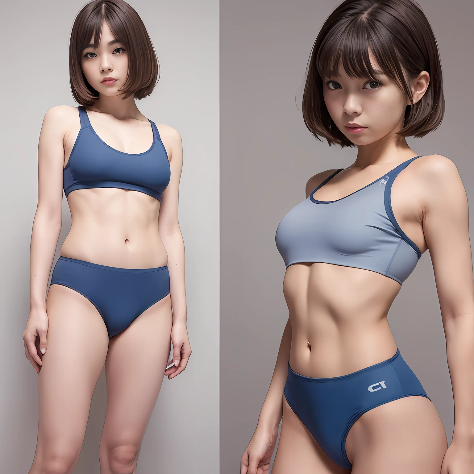 (Solo), (a detailed full-body RAW photo of a girl), (masutepiece:1.0), (Best Quality:1.4), (超A high resolution:1.2), (Photorealistic:1.4), 8K resolution, Canon EOS R5, 50 millimeters, absurderes, ultra-detailliert, (40 year old), Nipple Focus, Cinematic lighting, Detailed beautiful face, (no-makeup:1.2), (ulzzang -6500-v1.1), petite figure, Detailed skin texture, (flat chest:1.4), (skinny and fit body:1.6), Detailed brown hair, sweltering,(Very short hair:1.5), See Through wear, (Blue and gray thin competition swim wear:1.5), More transparent, low rise, realistic glistening skin, Detailed texture, (No bra:1.5), stylish pose, Very small titts, Cameltoe, well-developed abs, erect nipples,