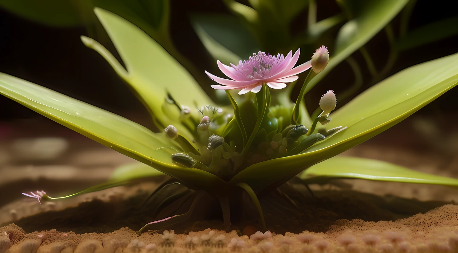 Small pink flowers grow from green plants, surrounded flower, alien flower, Diorama macro photography, alien flora, Flowers grow from the body, Botanical Photography, Detailed plant life, Macro perspective, Drawing flowers, Flowers grow from the head, shot on nikon d 3 2 0 0, photo taken with sony a7r camera, alien plant