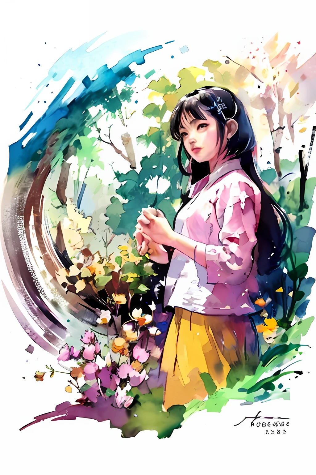 Chang'e this month,(full bodyesbian:1.5),(White background:1.4),((tachi-e)),Original,(illustratio:1.1),(best qualtiy),(tmasterpiece:1.1),(Very detailed CG unity 8k wallpaper:1.1 ), (a color:0.9),(in a panoramic view:1.4),(full bodyesbian:1.05),(solo person:1.2),(Splash ink),(Splash color),((aquarelle)),Clear and sharp,{ 1girl standing},((China-style)),florest background,exteriors,Rochas,Look at the viewer,Make happy faces,softl smile,chaste,Beautifully detailed face and eyes,Beautifully intricate garment pattern details,Black hair,黑The eye,Colored watercolor