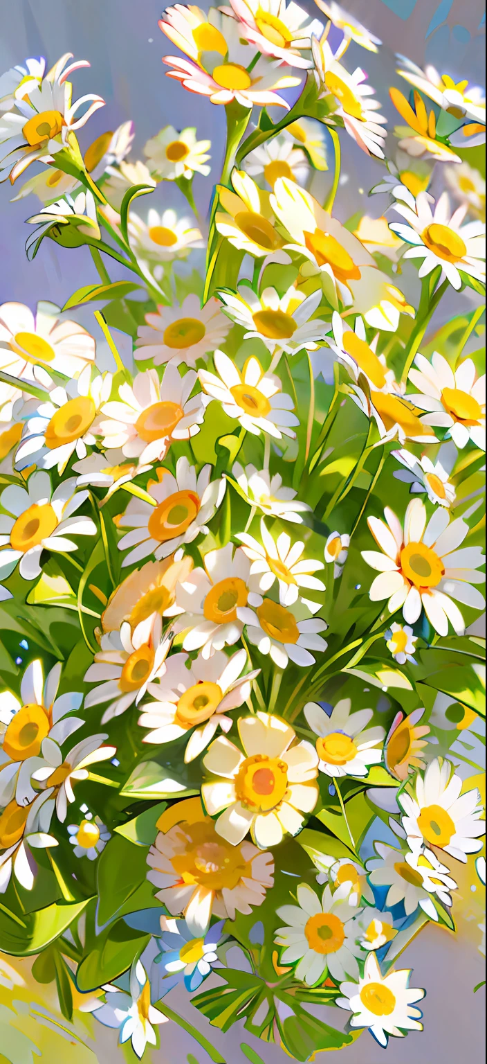 Chamomile, Daisies, lots of little daisies, florals, blossoms, Field flowers, Natural flowers, opulent, flowers in the background, Daisies, daysies, a bright summer day, Beautiful flowers, Many flowers, flowers blooming,higher details,Beautifully lit graphics