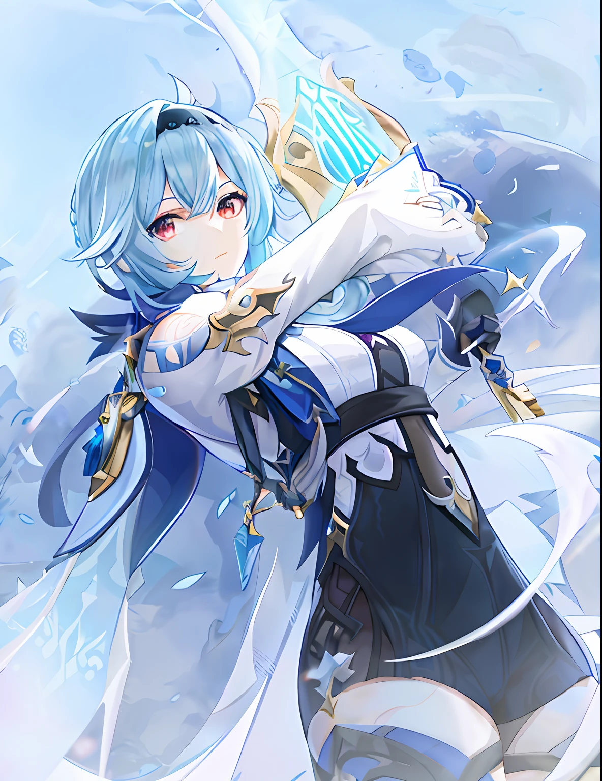 anime girl with blue hair holding a sword and a sword, Ayaka Genshin impact, Genshin, Genshin impact's character, Keqing from Genshin Impact, Genshin Impact, ayaka game genshin impact, Genshin Impact style, video game genshin impact, Detailed key anime art, aqua from konosuba, Official artwork