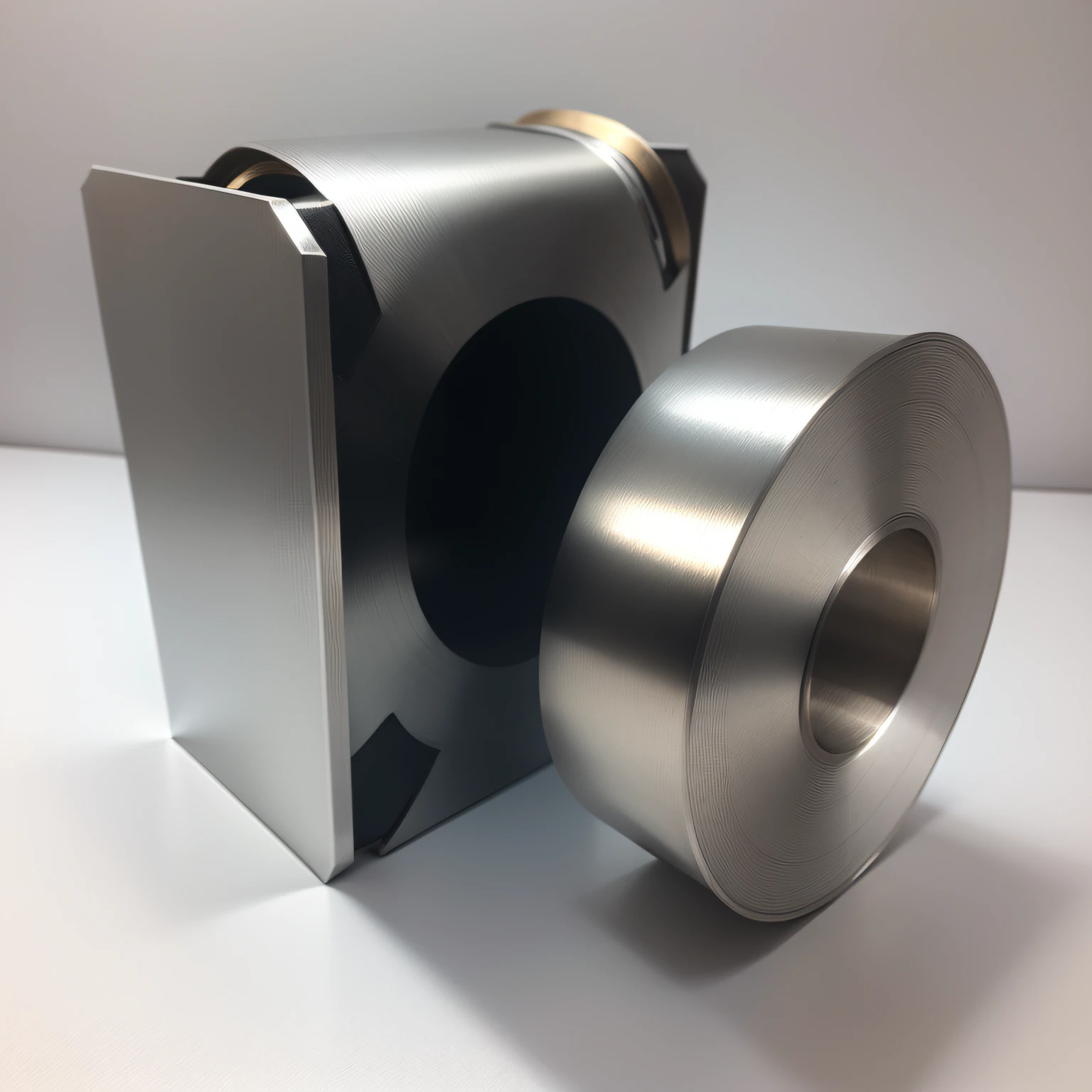 A roll of aluminum strip on a white background, stainless steel, stainless steal, tin foiling, heated coils, High quality material BSSRDF, steel joint, 35mm, 3 5 mm, 35 mm, steel collar, Titanium, Organic steel, 200mm, 2 0 0 mm, 200 mm, Chromium metal material industrial style