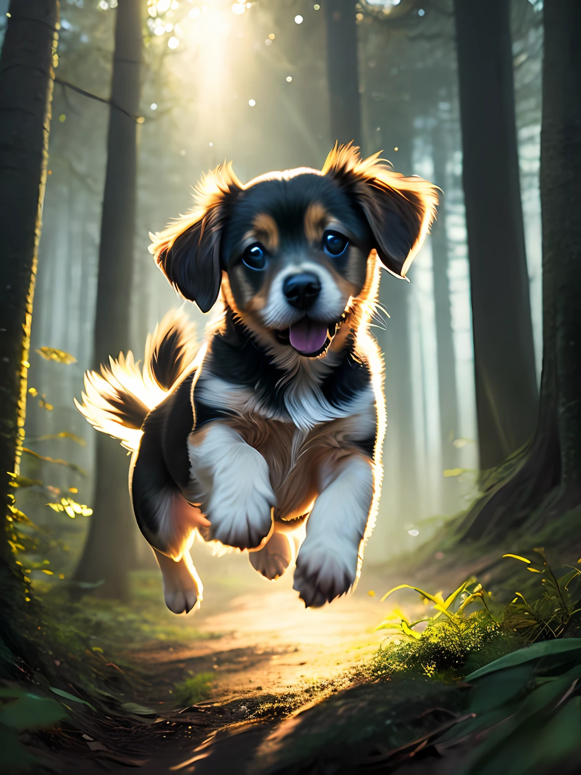 close up photo of a very cute jumping puppy in the forest, soft volumetric lights, (backlit:1.3), (cinematic:1.2), intricate details, (ArtStation:1.3), Rutkowski