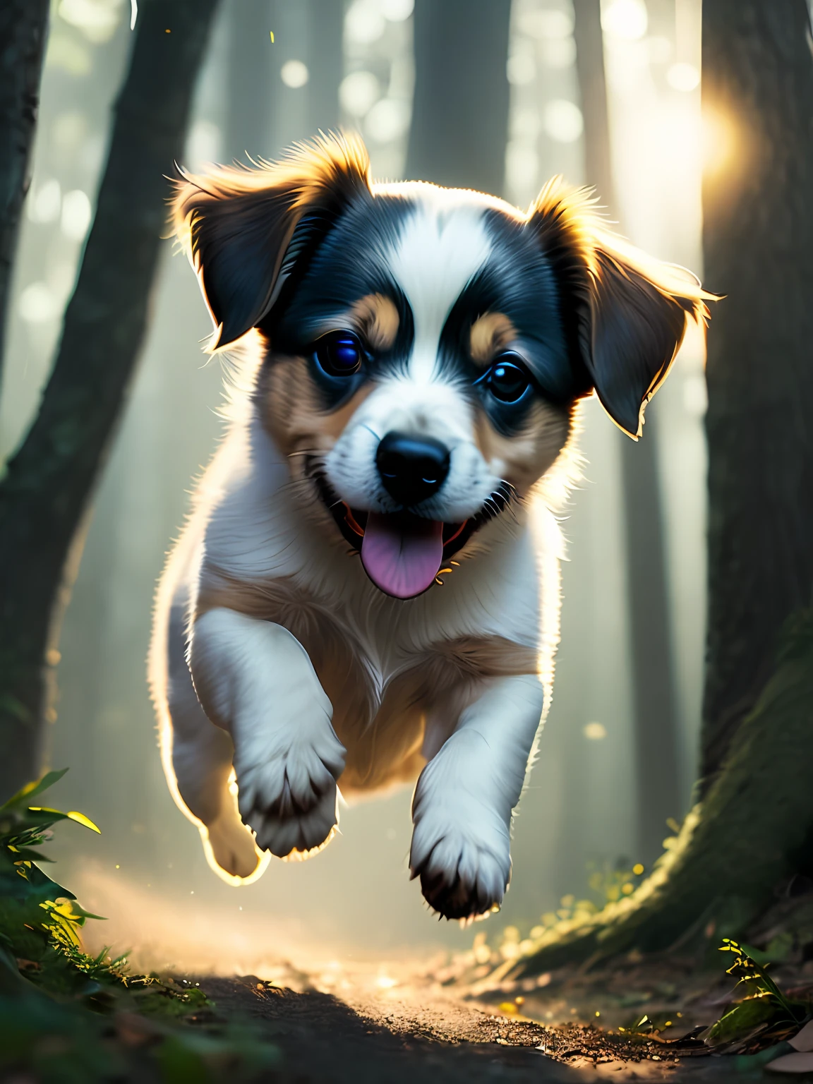 close up photo of a very cute jumping puppy in the forest, soft volumetric lights, (backlit:1.3), (cinematic:1.2), intricate details, (ArtStation:1.3), Rutkowski