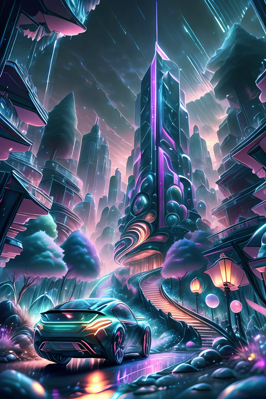 Create a captivating and relaxing futuristic scene in a 1,152 x 2,048 pixel image. In the center, a vibrant cityscape thrives with sleek skyscrapers that reach towards the sky. Neon lights illuminate the streets, casting a mesmerizing glow across the scene. Futuristic vehicles glide effortlessly through the air, adding a sense of energy and movement. Surrounding the city, a serene natural landscape unfolds. Lush green fields stretch into the distance, adorned with towering trees that emit a soft bioluminescent glow. The trees possess an otherworldly beauty, their luminescent leaves and branches pulsating with an ethereal energy. The combination of the cityscape and the tranquil natural surroundings creates a harmonious balance. Humans and machines coexist in this futuristic world, seamlessly integrating technology into their daily lives. People can be seen engaging in leisurely activities, such as taking leisurely strolls through peaceful parks or reclining in futuristic seating designed for comfort and relaxation. Their attire reflects a fusion of sleek fashion and cutting-edge technology, showcasing a harmonious blend of style and functionality. Throughout the scene, gentle orbs of light float gracefully in the air, reminiscent of fireflies. These ethereal orbs emit soft, calming hues, creating a sense of tranquility and serenity. They move in a harmonious dance, further enhancing the overall atmosphere of relaxation and wonder. The air is filled with ethereal music that seems to emanate from unseen sources. Melodic tones and soothing melodies weave through the scene, enveloping everything in a calming symphony. The music enhances the sense of tranquility, inviting viewers to immerse themselves in the moment and find inner peace.