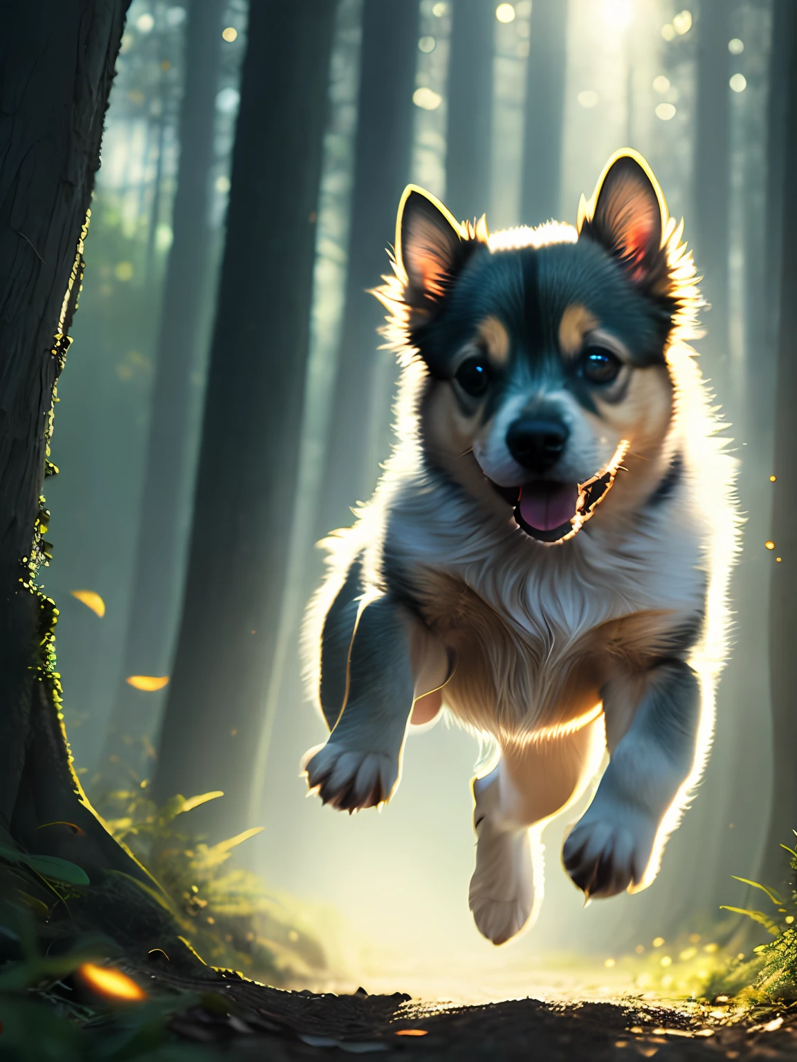 close up photo of a very cute jumping puppy in the forest, soft volumetric lights, (backlit:1.3), (cinematic:1.2), intricate details, (ArtStation:1.3), Rutkowski