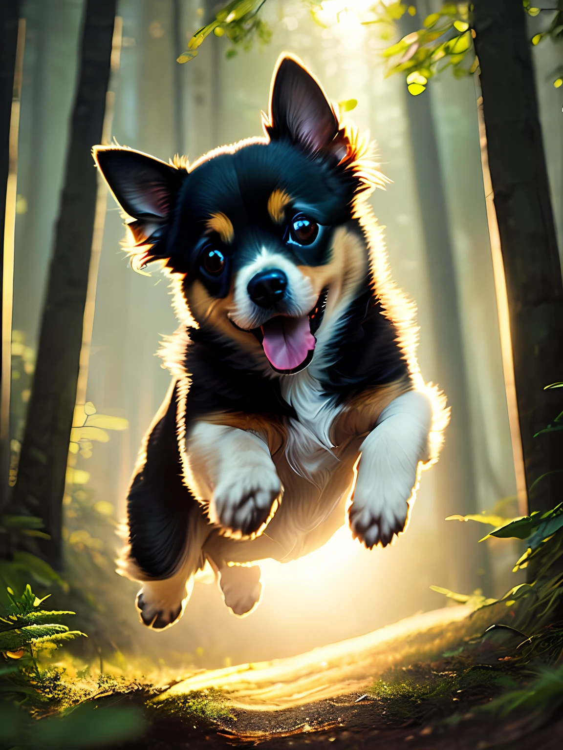 close up photo of a very cute jumping puppy in the forest, soft volumetric lights, (backlit:1.3), (cinematic:1.2), intricate details, (ArtStation:1.3), Rutkowski