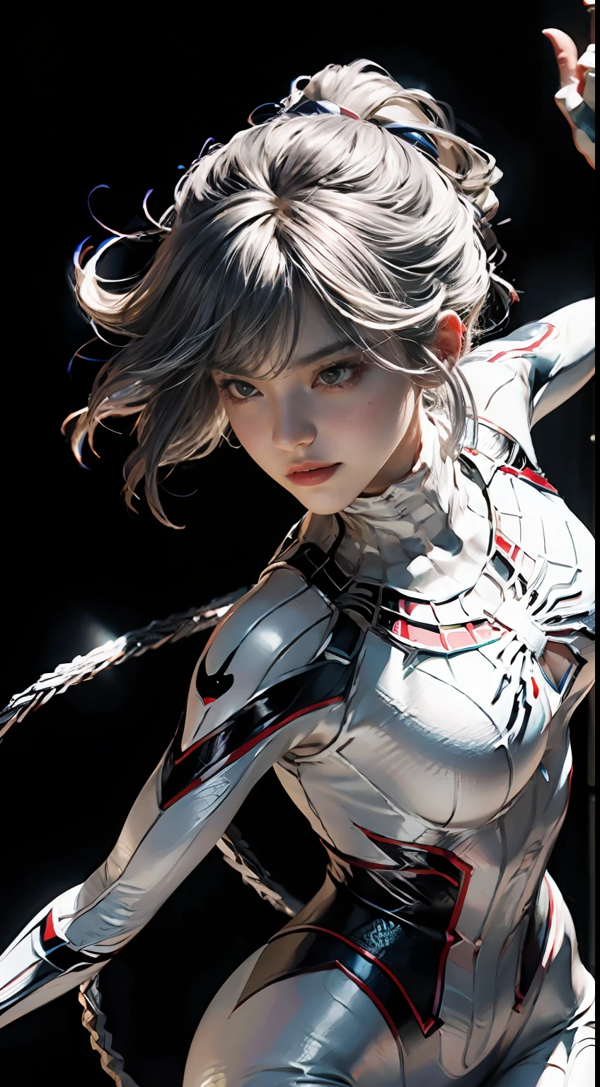 (Extreme Detail CG Unity 8K wallpaper、​masterpiece、top-quality)、(exquisite lighting and shadow、highly dramatic picture、cinematic lens effects)、Cute girl in white Spider-Man costume、Silver-gray hair color、Spider-Man Parallel Universes、Wenger、Marvel、spider-man、Dynamic and dynamic poses)、(excellent details、outstanding lighting、wide angles)、(Excellent rendering、Enough to stand out in its class)、 White Spider-Man costume、Focus on complex spider textures