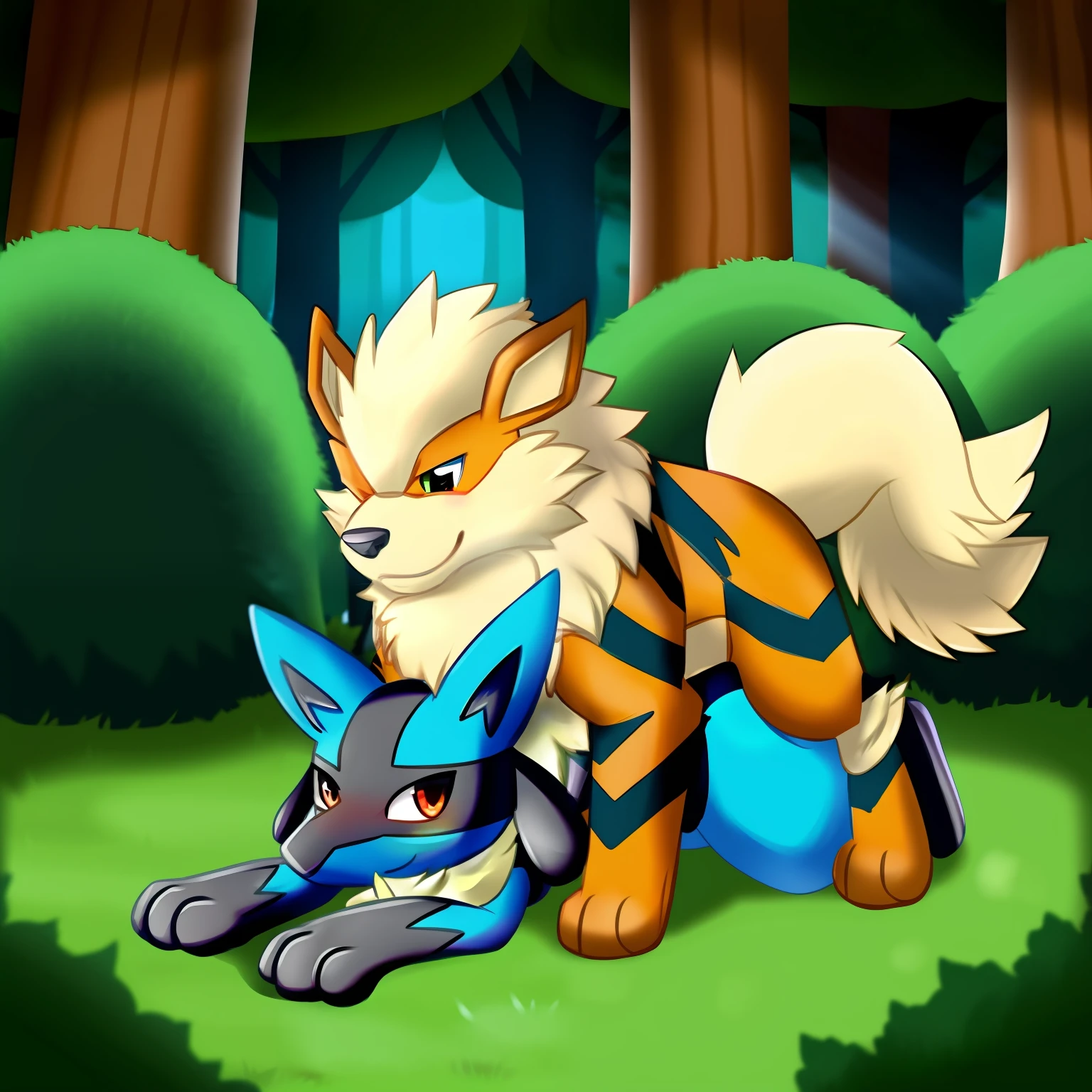 Feral Arcanine humping Lucario in the forest, cute