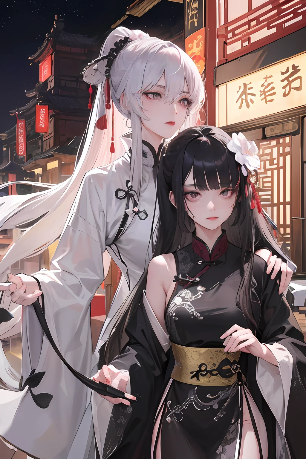 Masterpiece, Best quality, Night, full moon, 1 girl, Mature woman, Chinese style, Ancient China, Sisters, Royal Sisters, Grim expression, Silver white long haired woman, Light pink lips, calm, Intellectual, tribelt, Black pupil color, assassins, flower ball background, Stroll through the streetscape,Delicate facial features