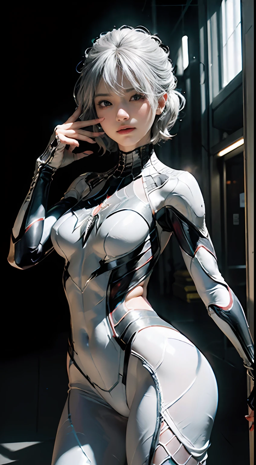 (Extreme Detail CG Unity 8K wallpaper、masterpiece、top-quality)、(exquisite lighting and shadow、highly dramatic picture、cinematic lens effects)、Cute girl in white Spider-Man costume、Silver-gray hair color、Spider-Man Parallel Universes、Wenger、Marvel、spider-man、Dynamic and dynamic poses)、(excellent details、outstanding lighting、wide angles)、(Excellent rendering、Enough to stand out in its class)、 White Spider-Man costume、Focus on complex spider textures