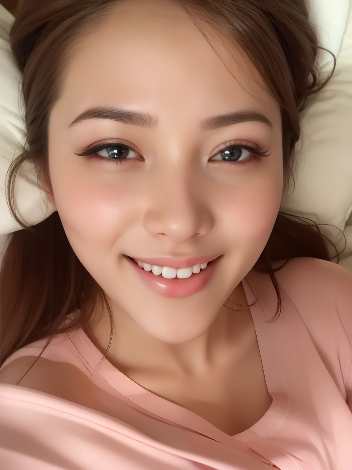 Beautiful lying in bed、amorous、Glossy、a smile、looking in camera、big eye、1girll、Blushing a little