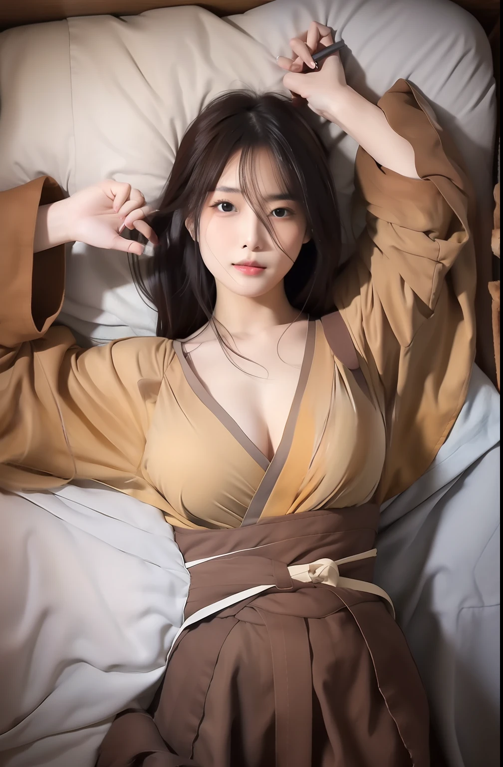 Hanabi hyuga A woman who was lying in bed. Wearing a brown, yellow kimono with a brown belt. With both hands on the side of your head. His skin was white. And her cleavage is a little obvious. Her cheeks were bright red with wistful eyes. With his eyeballs the white colour of biakugan. His very long black hair fell apart and partly covered as his eyes and face. Looking very beautiful and realistic