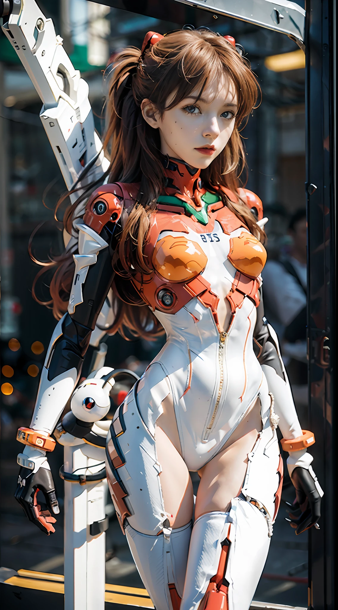 (realistic: 1.3) (original: 1.2), masterpiece, best quality, (((beautiful clean face))), fullbody, ((robot girl, mecha)), broken armor, mechanical halo, mechanical arms, white hair, long hair, ceramic body, thigh gap, small breast, cyber background, extreme detailed city, EVA 02,Souryuu Asuka Lanley，(translucent body, reflection skin), 8k, best quality, ultra detailed, (hyperrealistic:1.4),