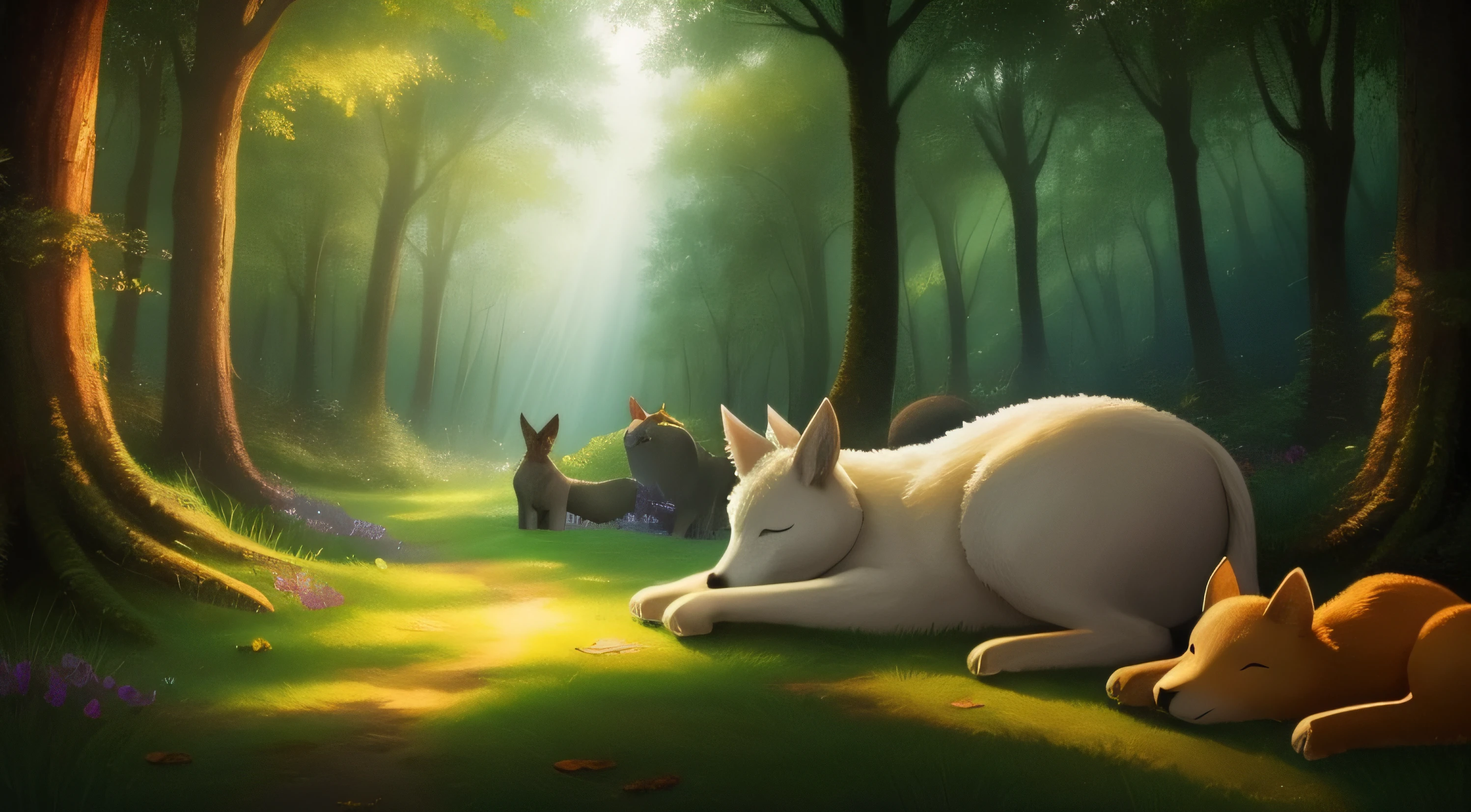 Magical forest with sweet animals and a sleeping baby