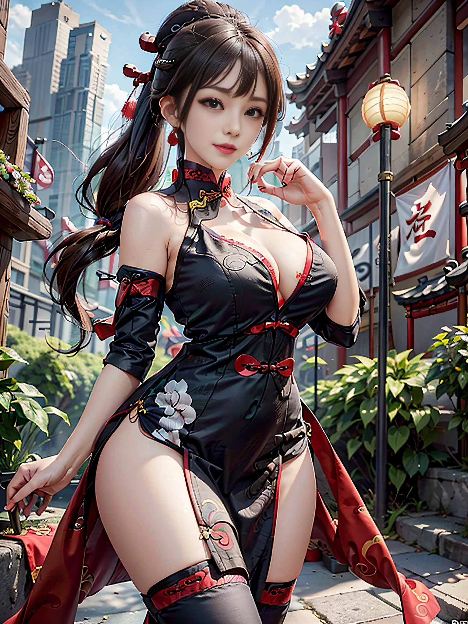 The best masterpieces, (ultra-quality: 1.32), (The ultra -The high-definition: 1.4), (超A high resolution: 1.3), (CG Unity 8K wallpaper: 1.2), (Detailed eyes and skin: 1.35), (detailed facial features: 1.25), (Detailed eyes: 1.36), precise and perfect human body structure, (Textured skin: 1.26), surrealist, (Raw photos that won many awards: 1.27), depth of fields, Cinematic lighting,
Tsurime, smirking mischievously, cleavage of the breast, Colossal tits, thighs thighs thighs thighs, juicy thighs、 Red hair, thick bangs,
((qipao dress:1.5)), long boots、fighting poses、Chinatown、