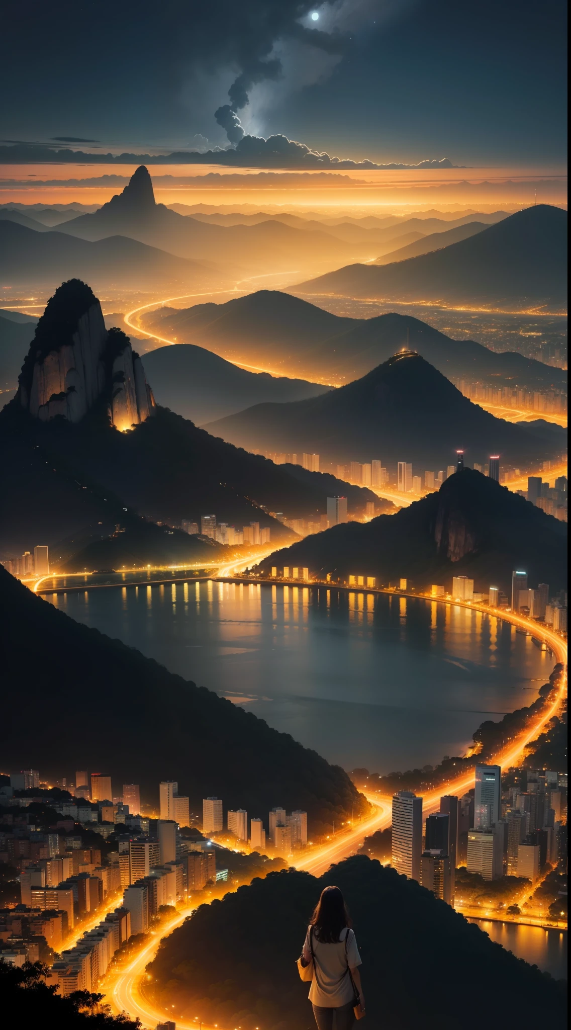 paisagem noturna, Rio de Janeiro, montanhas, nuvens, tree, foco nas cores tons de marrom branco preto amarelo, noite, paisagem noturna, It's night, lua cheia e linda, reflexo no Rio de Janeiro, Estilo anime, paisagem anime, sem cidade, There is no city in the image, sem casas, paisagem natural